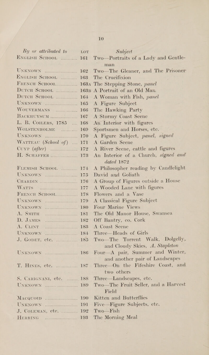 ENGEiIsin Schoor-t)..44 161 UNENoWs -2 ee 162 ENGLISH SCHooisL 1 10 163 FRENCH SCHOOE. 020. 1684 DUTCH DCHOOU fx cle 163B Perc SecHooueavat...8 164 | DBS TON Se Re 2 ae Oe 165 WOUVERMANS = lace 166 Jey Wl GRO. 9) Ce ee ED 167 L. Bs Comers; 1785 168 WOLSTENHOLME * 0... 169 INNO WN ise 170 Wartresu (School of) 171 CEP Ler) er, eee Lea 172 ee PO CHAP REA, Fei 570 ee 173 ‘FLEMISH ‘SCHOOL. 2.4.5. 174 IN RENOW NO ee woh ieA, Cy 175 Cro bree 2. teen 176 WYP SE oe ke «yet e.g St 177 FRENCH SCHOOE:...¢50 178 ENRON OWIr os packs ee 179 WONKNOWINe Boh eee. 180 Nees ONEVOE uo ce ee 181 PO PSA Ss Oke 182 ACR LT. Cielo Oyen oP, 183 TINENOWW ih ie fo 184 Je (Gopery ele? pais 8 185 EIN NOW Ns ote OE 186 tle se S MOE O pe iit sven. bo 187 5, CARIGCNANT “€t@.5 os, 188 TOON OWA. ec ee aes 189 Niecee@orp Steet. Gs 190 WR ENON eae. oe 191 J, “COLEMAN, “Cb@r 192 He Reine eee 193 10 Two—Portraits of a Lady and Gentle- Pangan Two—The Gleaner, and The Prisoner The Crucifixion ri The Stepping Stone, panel A- Portrait of an Old Man A Woman with Fish, panel A Figure Subject The Hawking Party A Stormy Coast Scene An Interior with figures A Figure Subject, panel, signed A Garden Scene A River Seene, cattle and figures An Interior of a Church, signed and dated 1872 : A Philosopher reading by Candlelight David and Goliath A Wooded Lane with figures Flowers and a Vase . A Classical Figure Subject Four Marine Views The Old Manor House, Swansea Off Bantry, co. Cork A Coast Seene Three—-Heads of Girls ‘ Two—The Torrent Walk, Dolgelly. and Cloudy Skies, A. Stapleton Four—A pair, Summer and Winter, and another pair of Landscapes Three—On the Fifeshire Coast, and. two others Three—Landscapes, etc. Two—The Fruit Seller, and a Harvest Field Kitten and Butterfhes Five—Figure Subjects, ete. Two—Fish The Morning Meal