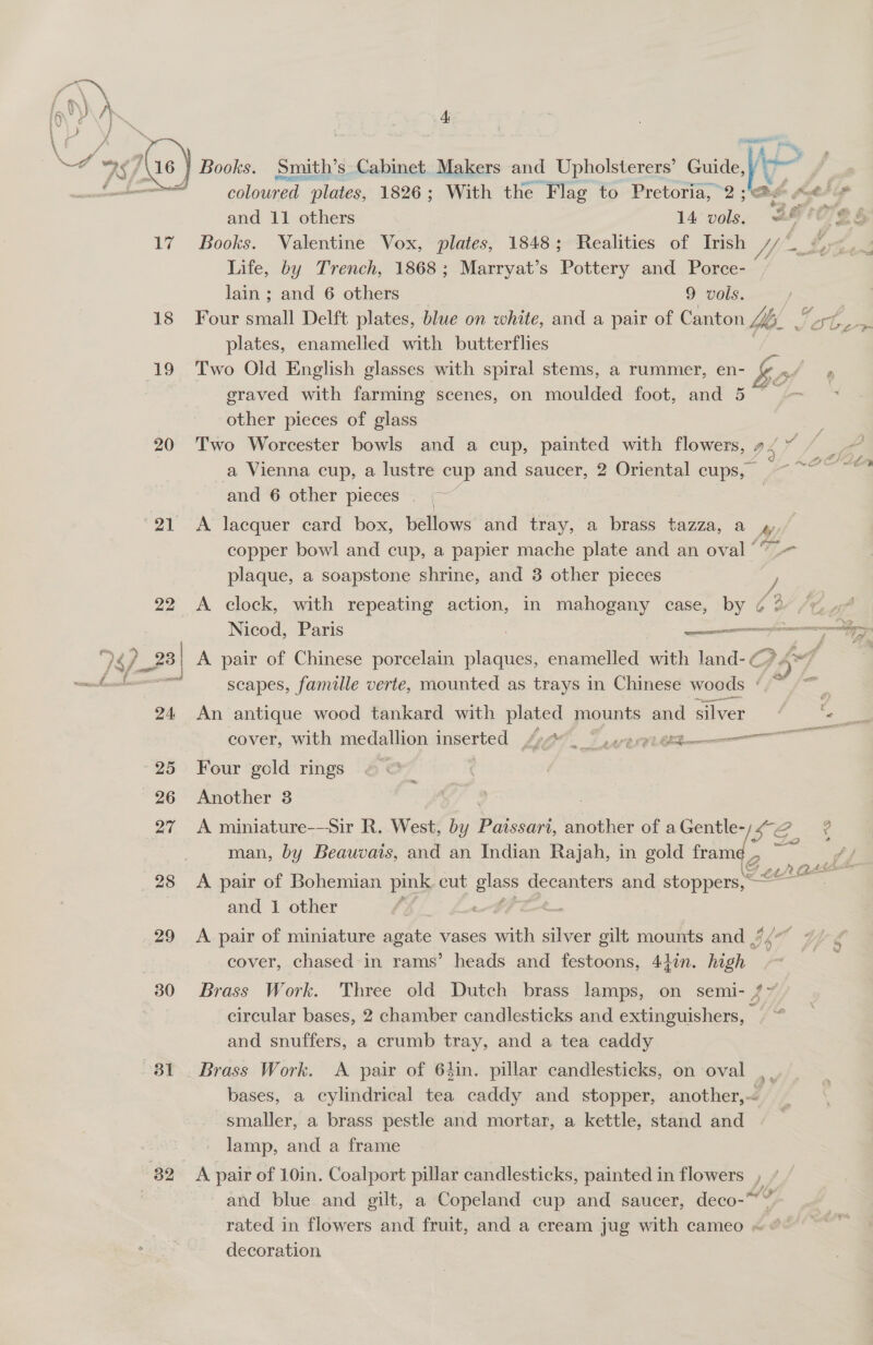 a Books. Smith’ s Cabinet Makers and Upholsterers’ Guide, coloured “plates, 1826; With the Flag to Pretoria, 2; and 11 others 14 ae 18 19 20 ‘21 BT 32 Life, by Trench, 1868; Marryat’s Pottery and Poe lain ; and 6 others 9 vols. plates, enamelled with butterflies Two Old English glasses with spiral stems, a rummer, en- eraved with farming scenes, on moulded foot, and 5 other pieces of glass Two Worcester bowls and a cup, painted with flowers, a Vienna cup, a lustre cup and saucer, 2 Oriental cups, and 6 other pieces | eC - plaque, a soapstone shrine, and 3 other pieces An antique wood tankard with plated mounts and silver Four gold rings Another 38 man, by Beauvais, and an Indian Rajah, in gold Ss A pair of Bohemian pink eut gies decanters and stoppers, — and 1 other 2 4 cover, chased in rams’ heads and festoons, 41in. high and snuffers, a crumb tray, and a tea caddy Brass Work. A pair of 64in. pillar candlesticks, on oval smaller, a brass pestle and mortar, a kettle, stand and lamp, and a frame and blue and gilt, a Copeland cup and saucer, deco-” decoration £ oS elt CH,