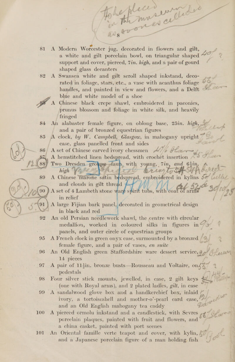 81 A Modern ages rk jug, “aeostated in flowers and gilt, oe a white and gilt porcelain bowl, on triangular shaped aah ar support and cover, pierced, Zin. high, and a pair of gourd =“ shaped glass decanters 82 A Swansea white and gilt scroll shaped inkstand, deco- | rated in foliage, stars, ete., a vase with acanthus foliage © 2, handles, and painted in view and flowers, and a Delft °* y, blue and white model of a shoe oe A Chinese black crepe shawl, embroidered in paeonies, prunus blossom and foliage in white jens and heavily fringed 84 An alabaster female figure, on oblong base, 252n. high, and a pair of bronzed equestrian figures : 85 &lt;A clock, by W. Campbell, Glasgow, in mahogany upright ~     iY / case, glass panelled front and sides € ; \ A ) ~~. 86/ A set of Chinese carved ivory chessmen A///%¢ SLexe- aaa” PO oY ae .. A hemstitched linen beds read, with crochet insertion ~ =~ ig Fé (ss) Two Dresden. growps— ) Sa yo ng, : we and Gin. A 4 __ aces MEE high “Gag he 2 NSF + é : VA tate Les SPP A oF eer x — 89 A Chinese ‘iiarone satin b nee d, hey in “kylins bo ( Utthed. » « A. ,\ and clouds in gilt thredd fe f iM} ‘4 Vv ad 37, 4? ice a Fis + ‘4 F Jo 90 ) A set of 4 Lambeth stone waré spirit tubs, Adth coa aris 7 795 OZ in relief : SRS 6s) Ni ¥) ey a (@) A large Fijian bark panel, decorated i in geometrical design eo Sw in black and red 4 al 92 An old Persian needlework shawl, the centre with circular a | medallion, worked in coloured silks in figures in@ oa \ | panels, and outer circle of equestrian groups Ie : 95 A French clock in green onyx case, surmounted by a bronzed ” female figure, and a pair of vases, en suite 96 An Old English green Staffordshire ware dessert sehpe 14 pieces ; 97 &lt;A pair of 114in. bronze busts—Rousseau and Voltaire, ong? pedestals 4, Re (one with Royal arms), and 2 plated ladles, gilt, in case ~ 99 &lt;A sandalwood glove box and a handkerchief box, inlaid n Pr. ¥¢€ @ Det . and an Old English mahogany tea caddy porcelain plaques, painted with fruit and flowers, and ~ a china casket, painted with port scenes 101 An Oriental famille verte teapot and cover, with kylin, / and a Japanese porcelain figure of a man holding fish -