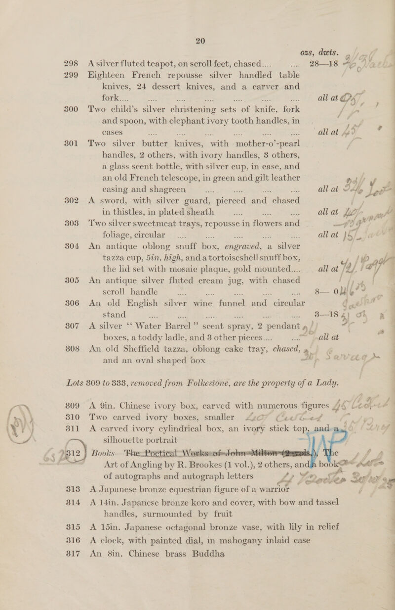 ozs, dwts. atari 298 Asilver fluted teapot, on scroll feet, chased... ..... 28—18 Te . i, 299 Eighteen French repousse silver handled table knives, 24 dessert knives, and a carver and fork... rok all at CPx” 300 ‘Two Shit? s silver Chriteainne eis if cane ere p Seay fs and spoon, with elephant ivory tooth handles, in   cases me ie oe ies i iat Ly ” 301 Two silver butter ioe ae mother-o’-pearl | handles, 2 others, with ivory handles, 3 others, a glass scent bottle, with silver cup, in case, and an old French telescope, in green and gilt leather ad f casing and shagreen ae all at Pafp | cor 302 A sword, with silver guard, peared on anal ‘ane | in thistles, in plated sheath ee 2. all at Mi) &gt; or” 303 Two silver sweetmeat trays, repousse in flow ers snd a a foliage, circular... all at } of 304 An antique oblong snuff Box, eee a Gide . tazza cup, 5in. high, and atortoiseshellsnuff box, _. /, (se the lid set with mosaic plaque, gold mounted.... __ all at /2/ f ah 305 An antique silver fluted cream jug, with ahaised i] dd f scroll handle eae s— olig’- 806 An old English silver wine Fae aa neat G ge stand i 3—18 ra) Sh os 307 A silver ‘‘ Water Barrel af ve, spray, 2 pendant » / : ee Ga boxes, a toddy ladle, and 3 other pieces... ai pall at = 308 An old Sheffield tazza, oblong cake ay chased, Cm and an oval shaped box C,, 2 av ELE Lots 309 to 338, removed from Folkestone, are the property of a Lady. 309 &lt;A Qin. Chinese ivory box, carved with numerous figures Ls Lt oe 310 Two carved ivory boxes, smaller £20 (‘eelt&lt;# a 311 &lt;A carved ivory cylindrical box, an ivory stick top, and-ay, : silhouette portrait ; —J gu) Books—The- Poetical: Workseof-John=Milter@eols,), TI sh A = Art of Angling by R. Brookes (1 a ), 2 others, anda book@* oI? of autographs and autograph letters 4 pA revel oe Bort nor us 313 A Japanese bronze equestrian figure of a warrior ”* 314 A 14in. Japanese bronze koro and cover, with bow and tassel handles, surmounted by fruit 315 &lt;A 15in. Japanese octagonal bronze vase, with lily in relief 316 &lt;A clock, with painted dial, in mahogany inlaid case 317 An 8in. Chinese brass Buddha