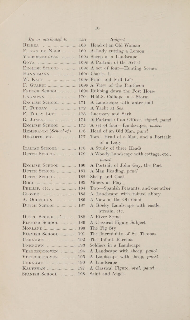 By or attributed to LOT Subject MURAL | ctin act eR ae 168 Head of an Old Woman HOVAN DE NBER C050 169 A Lady cutting a Lemon VERBOECKHOVEN ......0:.... 1694 Sheep in a Landscape GOVA,.4e es dy Oe pene 1698 A Portrait of the Artist ENGLISH) SCHOOLit+2.424)< 169c A set of four—Hunting Scenes JLANNEMANIN ues 169D Charles I. DN IGA ccs ea ce -169E Fruit and Still Life EP POUAR DE peur. aries. 169F A View of the Pantheon FRENCH SCHOOL cea a. 4.5 169c Rubbing down the Post Horse NRCG WaN to: eee eas 170 HL.M.S. Calliope in a Storm HNGLISH SCHOOIMm ...Ul0 171 <A Landseape with water mill Pera Puen oa etee Kris: 172° -&amp; Yacht! at sea... Meet eu Lor ete 173 Guernsey and Sark GHJONES Await ae, Be! 174 ENGLISH SCHOOL 1FS REMBRANDT (School of) 176 HOCARTM, (E0Cs Deis Par PPATIAN SCHOOL) 4.15.00: lives) DUTCH SCHOOL W Ss... 179 ENGLISH SCHOOLS 2.54.23: 180 DUnCH SCHOO! 4..4i.u8iks 181 Durcn SCHOOL \..s402..0.> 182 GG ees gE 183 PoinIP; ete. «Leon x 184. LONGI WEA. 2 ee. 2 185 A QODCHOUS ciel BE 186 Durce Seroors...2tkah 187 Derce SCHOOMMA. 62. 188 FLEMISH SCHOOL %..i0.4. 189 DIORTAND..... ee Aah ca 190 MDE MISH SCHOOL Wilk... 191 ino NOWN- Ae 192 NTINENOWN ~ 66.0 .0k. ee 193 VERBOECKHOVEN ............ 194 VERBOECKHOVEN ............. 195 UNENOWN tet: ES 196 KOA PANN. No. ate. cas) 197 SPANISH SCHOOL - ~..cc0.-<. 198 A Portrait of an Officer, signed, panel ‘A set of four—Landscapes, panels Head of an Old Man, panel . Two—Head of a Man, and a Portrait of a Lady A Study of three Heads A Woody Landscape with cottage, etc., panel A Portrait of John Gay, the Poet A Man Reading, panel Sheep and Goat Miners at Play. Two—Spanish Peasants, and one other A Landseape with ruined abbey A View in the Oberland A Rocky Landseape with castle, stream, -ete. A River Scene A Classical Figure Subject The Pig Sty The Inecredulity of St. Thomas The Infant Bacchus Soldiers in a Landscape A Landscape with sheep, panel A Landscape with sheep, panel A Landseape A Classical Figure, oval, panel Saint and Angels