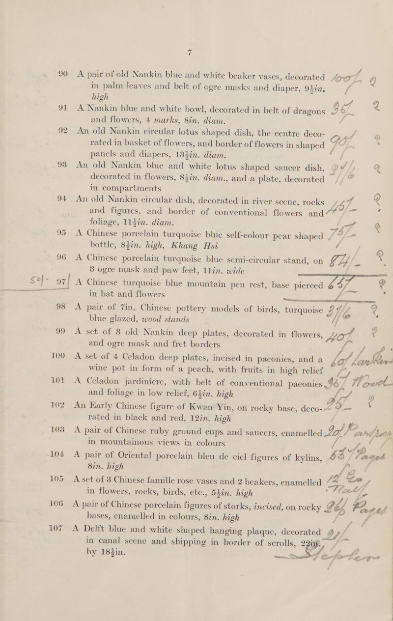90 oF 92 938 94 U9 96 I 98 ao 100 101 102 108 104 105 106 107 “ A pair of old Nankin blue and white beaker vases, decorated Arey i ry in palm leaves and belt of ogre masks and diaper, 94in, f : high Af Q A. Nankin blue and white bow], ed War calh in belt of dragons If oy rs and flowers, 4 marks, 8in. diam. , An old Nankin circular lotus shaped dish, the centre deco- OF 6 rated in basket of flowers, and border of flowers in shaped /“; : panels and diapers, 184in. diam. 5 oy An old Nankin blue and white lotus shaped saucer dish, DY / Q decorated in flowers, Shin. diam., and a plate, decorated // @ in compartments A An old Nankin circular dish, decorated in river scene, rocks nF &lt; and figures, and border of conventional flowers and / (4 — : foliage, 114in. diam. fe A @ A. Chinese porcelain turquoise blue self-colour pear shaped / oe bottle, 83in. high, Khang Hsi Y Q A Chinese porcelain turquoise blue semi-circular stand, on 3 ogre mask and paw feet, llin. wide  A Chinese turquoise blue mountain pen rest, base pierced in bat and flowers Retspispeeesconman fee ¢? it / £ 7: A pair of 7in. Chinese pottery models of birds, turquoise IV, 3 ff © blue glazed, wood stands é} A set of 8 old Nankin deep plates, decorated in flowers, yod \  and ogre mask and fret borders ft ys A set of 4 Celadon deep plates, incised in paeonies, anda /9% ays wine pot in form of a peach, with fruits in high relief ‘war F A Celadon jardiniere, with belt of conventional paconies ,46 , bb OC me and foliage in low relief, 64in. high | Sirf ® An Early Chinese figure of Kwan Yin, on rocky base, deco-~ P— * rated in black and red, 12in. high jf 4 ‘4 nd A pair of Chinese ruby ground cups and saucers, enamelled Aff, eh fet in mountainous views in colours A pair of Oriental porcelain bleu de ciel figures of kylins, 8in. high A set of 3 Chinese famille rose vases and 2 beakers, enamelled “ in flowers, rocks, birds, ete., 54in. high A pair of Chinese porcelain figures of s storks, incised, on rocky 4 bases, enamelled in colours, 8in. high  A Delft blue and white shaped hanging plaque, decorated 2/ in canal scene and shipping in border of scrolls, 220. , ge ms by 184in.  , Athy Ls bs ,    