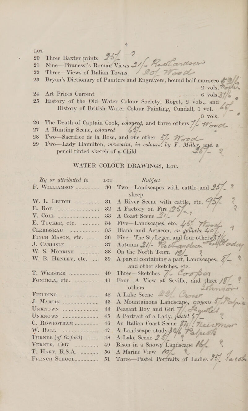   LOT a 21 Nine—Piranessi’s Roman Views ~2 se eye er ‘i 22 Three—Views of Italian Towns 2at Wee Ll 23 Bryan’s Dictionary of Painters and Engravers, Poel half morocco i a, a 2 vols.” feria 24 Art Prices Current Z 6 vols. . ; 25 History of the Old Water Colour Society, Roget, 2 vols., wid tr ; History of British Water Colour Painting, Cundall, 1 vol. ®°® 4 3 vols.. ‘a 26 The Death of Captain Cook, ae vi and three others 7 1s te vot 27 A Hunting Scene, coloured 28 'Two—Sacrifice de la Rose, a: ohe other 3/- Weoootl- 29 Two—Lady Hamilton, mezzotint, in colours/ by F. Miller, and a : pencil tinted sketch of ae wo fm ~ WATER COLOUR DRAWINGS, Exc. By or attributed to LOT Subject Ps WiEELEAMSON ) 06 oe. 30 Two—Landscapes with cattle and 257. sheep = NY (gC A: ee 31 A River Scene tee rey , ete. GS. é 1D PON C8) eS at en ae 32 A Factory on Fire £ 237: . ‘ We MOOG. . We AsGk ite nde 33 A Coast Scene 2/7 ae H. DUGERER, SOUCs ns 34 Five—Landscapes, etc. “er i) we . CERISE ARES. WW ecsoo nas: 85 Diana and Actaeon, en iadaate ao pe Fincu Mason, ete. ........ 36 Five—The Sty Leger, and four « othe Dis MOMRISINE cds... ecrtree. 37 Autumn ol) 4, Se haere eh M net ox WoS. Moprrem 4.5.:..:4 38 On the North Teign im a: f _W. B. HENLEY, ete. 39 &lt;A parcel containing a pair, “Landscapes, GZ. x and other sketches, = : BY SPUR Ae hehe 40 Three—Sketches J. Cope : FONDELA, CU). o.2.05.8555, 41 Four—A View at Seville, oa ee MG. ° others | whl Fee err PSHE &lt;5. Sess. ter. teat 42 A Lake Scene &amp; 27. (tpseg: a Os VN EARUUNE fe cess rcax hoteae es 43 A Mountainous Landscape, crayons ° eelna TWHNENOWN 54. 2us ics 44 Peasant Boy and Girl 7/ @eselFeid : | UNKNOWN / Skee 45 &lt;A Portrait of a Lady, pastel em 4 C. ROWBOTHAM oo... 46 An Italian Coast Scene £9 f Yop. Lae WY Teather ae 47 A Landscape study PY Ta An A TuRNER (of Owford) ........ 48 A Lake Scene 25/7 ‘ WERNER, A907 | onc. 5.0: 49 Bison in a Snowy Case: Wd. ‘ Sy OART, RS A nh os 50 A Marine View 7 See = FRENCH SCHo0oL~.. 4.3.5 51 Three—Pastel Portraits of Tades 3 4/ G, a Ma be.