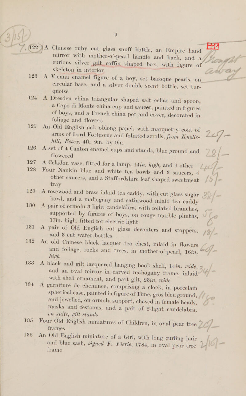  9 \ gece) }A Chinese ruby cut glass snuff bottle, an Empire hand Wy) ~ mirror with mother-o’-pearl handle and back, and a Sion, al curious silver gilt. coffin Shaped box, with figure of ~ _// * skeleton in interior ake fg 123 A Vienna enamel figure of a boy, set baroque pearls, on ~—_ circular base, and a silver double scent bottle, set tur- quoise 124 A Dresden china triangular Shaped salt cellar and spoon, a Capo di Monte china cup and saucer, painted in figures of boys, and a French china pot and cover, decorated in 125° An Old English oak oblong panel, with marquetry coat of PE arms of Lord Fortescue and foliated scrolls, from Knolls- — jf “= hill, Essex, 4ft. 9in. by 9in. 126 A set of 4 Canton enamel cups and stands, blue ground and a Pe flowered e. 127 A Celadon vase, fitted for a lamp, 14¢n. high, and 1 other other saucers, and a Staffordshire leaf shaped sweetmeat tray 129 A rosewood and brass inlaid tea caddy, with cut glass sugar 4 bowl, and a mahogany and satinwood inlaid tea caddy 130 A pair of ormolu 3-light candelabra, with foliated branches, . supported by figures of boys, on rouge marble plinths, re, 17in. high, fitted for electric light l 131 A pair of Old English cut glass decanters and stoppers, and 3 cut water bottles 132 An old Chinese black lacquer tea chest, inlaid in flowers and foliage, rocks and trees, in mother-o’-pearl, 16in. high 133° A black and gilt lacquered hanging book shelf, 14in. wide, &gt; and an oval mirror in carved mahogany frame, inlaid with shell ornament, and part gilt, 23%n. wide 134 A garniture de cheminee, comprising a clock, in porcelain , spherical case, painted in figure of Time, gros bleu ground, / and jewelled, on ormolu support, chased in female heads, masks and festoons, and a pair of 2-light candelabra, en suite, gilt stands ’ 135 Four Old English miniatures of Children, in oval pear tree / ‘Sf frames | 186 An Old English miniature of a Girl, with long curling hair ‘ and blue sash, signed F. Fierie, 1784, in oval pear tree frame a |