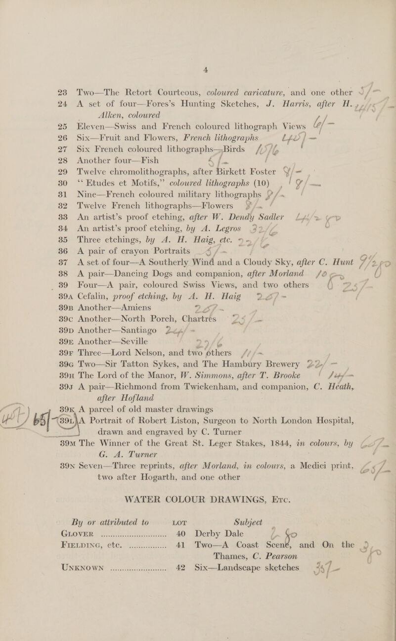 23. Two—The Retort Courteous, coloured caricature, and one other ~ 24 A set of four—Fores’s Hunting Sketches, J. Harris, after H., é 2 : Alken, coloured L/ af 25 Eleven—Swiss and French coloured lithograph Views ¢/ en on 26 Six—Fruit and Flowers, French lithographs LLL | ~ 27 Six French coloured hthogtaphs p Birds I I /P nan 28 Another four—Fish &amp; | / 29 Twelve chromolithographs, ey Birkett Hosta Y/ 30 ‘* Etudes et Motifs,” coloured lithographs (10), ¥/ 31 Nine—French coloured military lithographs ¥/- 32 Twelve French lithographs—Flowers Y/. : 33 An artist’s proof etching, after W. Dendy Sadler Lofa/* 34 An artist’s proof etching, by A. Legros 33.// | 35 Three etchings, by A. H. Haig, cic. 9 - z 36 A pair of crayon Portraits _< / oy 7 37 A set of four—A Southerly Wind and a Cloudy Sky, after C. Hunt ai fo 38 <A pair—Dancing Dogs and companion, after Morland /8 gm. | 7 89 Four—A pair, coloured Swiss Views, and two others es : 39a Cefalin, proof etching, by « Mas ae 22/> > 39B Another—Amiens 39c Another—North Porch, et ae 39p Another—Santiago Prag 39E Another—Seville © 39¥ Three—Lord Nelson, and two ag fein a 39¢ Two—Sir Tatton Sykes, and The Hambury Brewery 27, _ 39H The Lord of the Manor, W. Simmons, after T. Brooke 0 Diff 393 A pair—Richmond from Twickenham, and companion, C. Heath, after Hofland :  drawn and engraved bs C. Musee Ss 39M The Winner of the Great St. Leger Stakes, 1844, in colours, by Goi G. A. Turner 39N Seven—Three reprints, after Morland, in colours, a Medici print, / « / two after Hogarth, and one other = WATER COLOUR DRAWINGS, Evc. By or attributed to LOT Subject Gh WRER Wie Ee: ei evel ads 40 Derby Dale ¢ i PrewpING, 6b, nS 41 Two—A Coast Scené, and On the Thames, C. Pearson d UNKNOWN | o..caeen ee 42 Six—tLandscape sketches _*4//_- q SS ee ew 2 eee Eee! eee ‘tle doe