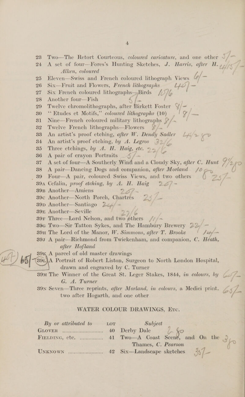 23. Two—The Retort Courteous, coloured caricature, and one other ~ 24 A set of four—Fores’s Hunting Sketches, J. Harris, after H., é 2 : Alken, coloured L/ af 25 Eleven—Swiss and French coloured lithograph Views ¢/ en on 26 Six—Fruit and Flowers, French lithographs LLL | ~ 27 Six French coloured hthogtaphs p Birds I I /P nan 28 Another four—Fish &amp; | / 29 Twelve chromolithographs, ey Birkett Hosta Y/ 30 ‘* Etudes et Motifs,” coloured lithographs (10), ¥/ 31 Nine—French coloured military lithographs ¥/- 32 Twelve French lithographs—Flowers Y/. : 33 An artist’s proof etching, after W. Dendy Sadler Lofa/* 34 An artist’s proof etching, by A. Legros 33.// | 35 Three etchings, by A. H. Haig, cic. 9 - z 36 A pair of crayon Portraits _&lt; / oy 7 37 A set of four—A Southerly Wind and a Cloudy Sky, after C. Hunt ai fo 38 &lt;A pair—Dancing Dogs and companion, after Morland /8 gm. | 7 89 Four—A pair, coloured Swiss Views, and two others es : 39a Cefalin, proof etching, by « Mas ae 22/&gt; &gt; 39B Another—Amiens 39c Another—North Porch, et ae 39p Another—Santiago Prag 39E Another—Seville © 39¥ Three—Lord Nelson, and two ag fein a 39¢ Two—Sir Tatton Sykes, and The Hambury Brewery 27, _ 39H The Lord of the Manor, W. Simmons, after T. Brooke 0 Diff 393 A pair—Richmond from Twickenham, and companion, C. Heath, after Hofland :  drawn and engraved bs C. Musee Ss 39M The Winner of the Great St. Leger Stakes, 1844, in colours, by Goi G. A. Turner 39N Seven—Three reprints, after Morland, in colours, a Medici print, / « / two after Hogarth, and one other = WATER COLOUR DRAWINGS, Evc. By or attributed to LOT Subject Gh WRER Wie Ee: ei evel ads 40 Derby Dale ¢ i PrewpING, 6b, nS 41 Two—A Coast Scené, and On the Thames, C. Pearson d UNKNOWN | o..caeen ee 42 Six—tLandscape sketches _*4//_- q SS ee ew 2 eee Eee! eee ‘tle doe