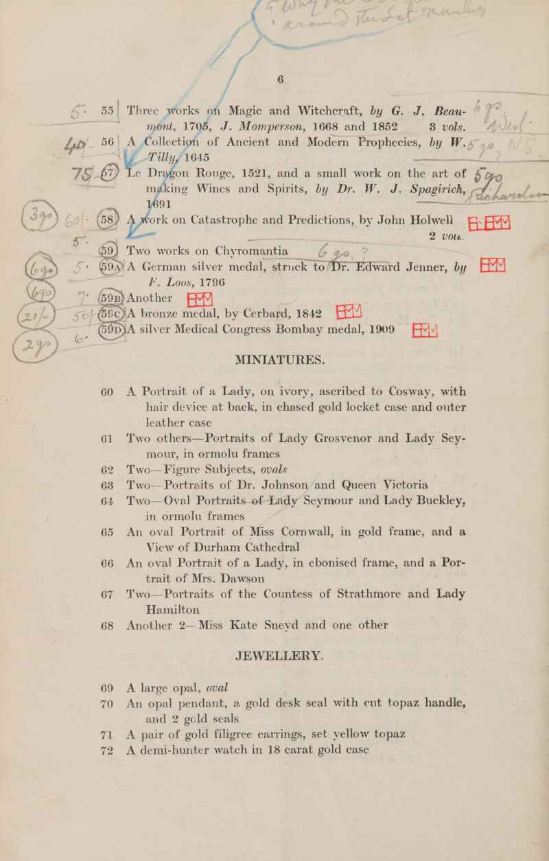 Rane oa mont, 1705, J. Momperson, 1668 and 1852 8 vols. 56 | Fr Collection of Ancient and Modern Prophecies, by Wis ae ae DR NH A ELA Tilly A645 | # S Dros Rouge, 1521, and a small work on the art of &gt; 7°     mi ay Wines and Spirits, by Dr. W. J. aa ro fog (2.™ ‘ee e Tt”) LOi- @) 4 york on Catastrophe Ab Predictions, by John Holweli on a art 2 vote. a “i 69) Two works on Chyromantia C4 ? &gt; Oe Gos) A German silver medal, struck Tome ao CEE Jenner, by AMY ‘ae 7 I’, Loos, 1786 1 aes i oan Another = | (21/ ) cole 59c)A bronze medal, by Corba, 1842 aul | poe ' e GDA silver Medical Congress Bombay medal, 1909 Ay 60 70 re MINIATURES. A Portrait of a Lady, on ivory, ascribed to Cosway, with hair device at back, in chased gold locket case and outer leather case Two others—Portraits of Lady Grosvenor and Lady. Sey- mour, in ormolu frames Two-—Figure Subjects, ovals Two—Portraits of Dr. Johnson ’and Queen Victoria | Two— Oval Portraits-of-Lady Seymour and Lady Buckley, in ormolu frames An oval Portrait of Miss Cornwall, View of Durham Cathedral An oval Portrait of a Lady, in ebonised ee and a Por- trait of Mrs. Dawson : Two—Portraits of the Countess of Strathmore and Lady Hamilton Another 2—-Miss Kate Sneyd and one other in gold frame, and a JEWELLERY. A large opal, oval An opal pendant, a gold desk seal with cut topaz handle, and 2 gold seals A pair of gold filigree earrings, set vellow topaz A demi-hunter watch in 18 carat gold case