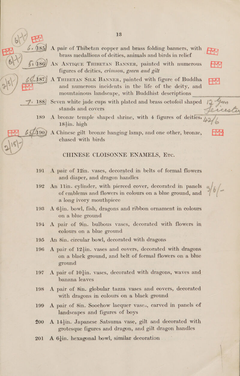  __~7» 188] Seven white jade cups with plated and brass octofoil shad sae 4 stands and covers AD a bd (8 85) A pair of Thibetan copper and brass folding banners, with By brass medallions of deities, animals and birds in relief figures of deities, crimson, green and gilt A THIBETAN SILK BANNER, painted with figure of Buddha FMM and numerous incidents in the hfe of the deity, and mountainous landscape, with Buddhist descriptions _ 189 <A bronze temple shaped shrine, with 4 figures of deities, ), ». 7 18hin. high e 7h gin. Mg pe rye ole, MEN ITLL OLS AE chased with birds CHINESE CLOISONNE ENAMELS, Erc. 191 A pair of 12in. vases, decorated in belts of formal flowers and diaper, and dragon handles of emblems and flowers in colours on a blue ground, and | a long ivory mouthpiece 193 A 6hin. bowl, fish, dragons and ribbon ornament in colours on a blue ground ? 194 <A pair of 9in. bulbous vases, decorated with flowers in colours on a blue ground 195 An 8in. circular bowl, decorated with dragons 196 A pair of 124in. vases and covers, decorated with dragons on a black ground, and belt of formal flowers on a blue ground 197 <A pair of 104in. vases, decorated with dragons, waves and banana leaves 198 <A pair of 8in. globular tazza vases and covers, decorated with dragons in colours on a black ground 199 <A pair of 8in. Soochow lacquer vases, carved in panels of landscapes and figures of boys 200 A 14din. Japanese Satsuma vase, gilt and decorated with grotesque figures and dragon, and gilt dragon handles