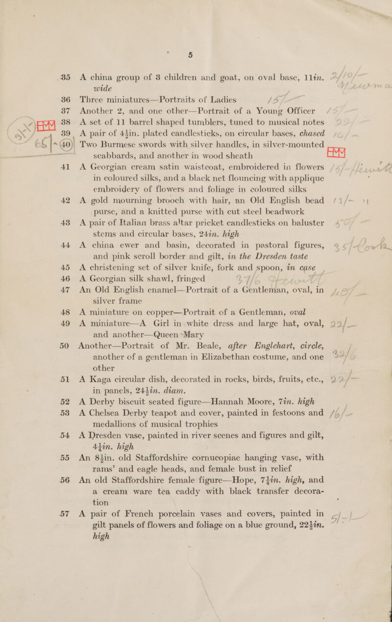 A china group of 3 children and goat, on oval base, 11tn. wide Three miniatures—Portraits of Ladies 1 Ov Another 2, and one other—Portrait of a Young Officer A set of 11 barrel shaped tumblers, tuned to musical notes scabbards, and another in wood sheath EM A Georgian cream satin waistcoat, embroidered in flowers in coloured silks, and a black net flouncing with applique embroidery of flowers and foliage in coloured silks A gold mourning brooch with hair, an Old English bead purse, and a knitted purse with cut steel beadwork A pair of Italian brass altar pricket candlesticks on baluster stems and circular bases, 24in. high A china ewer and basin, decorated in pastoral figures, and pink scroll border and gilt, in the Dresden taste A christening set of silver knife, fork and spoon, in Gee A Georgian silk shawl, fringed : | An Old English enamel—Portrait of a ‘Coie, sone in silver frame A miniature on copper—Portrait of a Gentleman, oval and another—Queen ‘Mary Another—Portrait of Mr. Beale, after Englehart, circle, another of a gentleman in Elizabethan costume, and one °”/ other in panels, 244¢n. diam. A Derby biscuit seated figure—Hannah Moore, Vin. high medallions of musical trophies A Dresden vase, painted in river scenes and figures and gilt, Adin. high An 8iin. old Staffordshire cornucopiae hanging vase, with rams’ and eagle heads, and female bust in relief An old Staffordshire female figure—Hope, 7}in. high, and a cream ware tea caddy with black transfer decora- tion A pair of French porcelain vases and covers, painted in gilt panels of flowers and foliage on a blue ground, 224%n. high