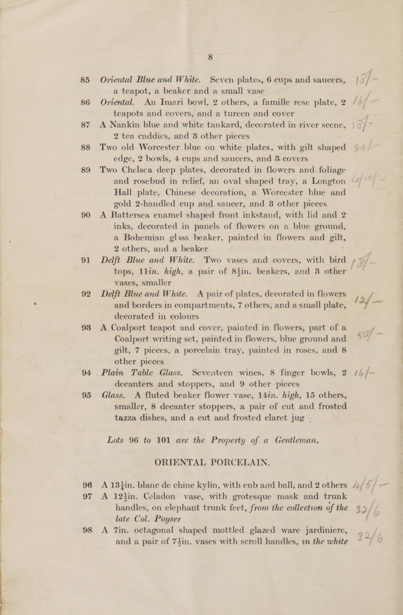 ———6—€§ se ee, em 85 86 87 88 89 90 91 92 93 94: 95 Oriental Blue and White. Seven plates, 6 cups and saucers, a teapot, a beaker and a small vase teapots and covers, and a tureen and cover 2 tea caddies, and 3 other pieces Two old Worcester blue on white plates, with gilt shaped edge, 2 bowls, 4 cups and saucers, and 3. covers Two Chelsea deep plates, decorated in flowers and foliage and rosebud in relief, an oval shaped tray, a Longton Hall plate, Chinese decoration, a Worcester blue and gold 2-handled cup and saucer, oe 3 other pieces A Battersea enamel shaped front inkstand, with lid and 2 inks, decorated in panels of flowers on a blue ground, 2 others, and a beaker ; Delft Blue and White. Two vases and covers, with bird vases, smaller Delft Blue and White. A pair of plates, decorated in flowers and borders in compartments, 7 others, and a small plate, decorated in colours , A Coalport teapot and cover, painted in flowers, part of a Coalport writing set, painted in flowers, blue ground and gilt, 7 pieces, a porcelain tray, painted in roses, and 8 other pieces decanters and stoppers, and 9 other -pieces Glass. <A fluted beaker flower vase, 1477. high, 15 others, smaller, 8 decanter stoppers, a pair of cut and frosted tazza dishes, and a cut and frosted claret jug . Lots 96 to 101 are the Property of a Gentleman. ORIENTAL PORCELAIN, late Col. Poyser aa CY 7 hh, Meas