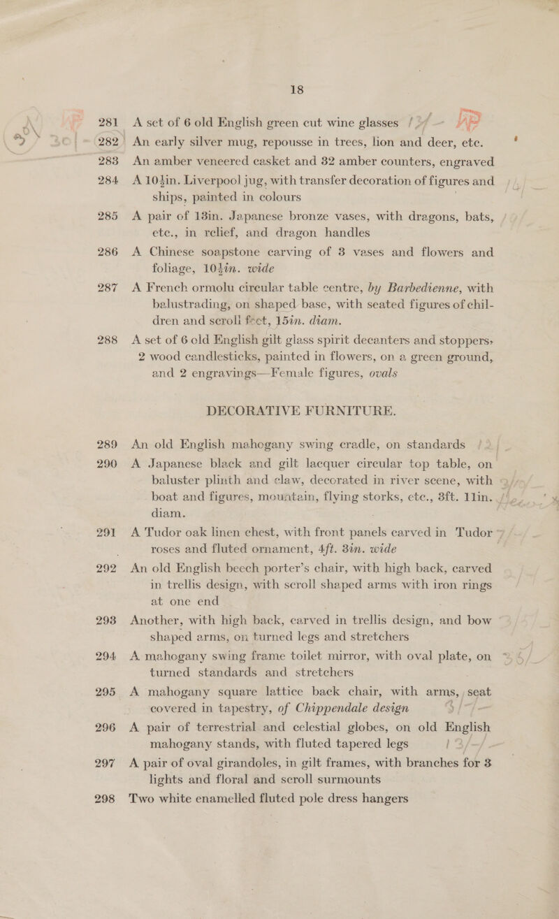 286 288 289 18 é Shim. re | 5 — i fheca a Wf Pa A set of 6 old English green cut wine glasses An amber veneered casket and 82 amber counters, engraved A. 10$in. Liverpool jug, with transfer decoration of figures and ships, painted in colours A pair of 13in. Japanese bronze vases, with dragons, bats, etc., in relief, and dragon handles A Chinese soapstone carving of 3 vases and flowers and foliage, 104in. wide A French ormolu circular table centre, by Barbedtenne, with balustrading, on shaped base, with seated figures of chil- dren and seroll sae 1din. diam. A set of 6 old English gilt glass spirit decanters and stoppers, 2 wood candlesticks, painted in flowers, on a green ground, and 2 engravings—Female figures, ovals DECORATIVE FURNITURE. An old English mahogany swing cradle, on standards A Japanese black and gilt lacquer circular top table, on boat and figures, eee es flying storks, ete., 3ft. 1lin. diam. . A Tudor oak linen chest, with front panels carved in Tudor > roses and fluted ornament, 4/ft. 8in. wide | An old English beech porter’s chair, with high back, carved in trellis design, with scroll shaped arms with iron rings at one end Another, with high back, carved i in trellis Seas and bow shaped arms, on turned legs and stretchers A mahogany swing frame toilet mirror, with oval plate, on turned standards and stretchers : A mahogany square lattice back chair, with arms, seat covered in tapestry, of Chippendale design | A pair of terrestrial and celestial globes, on old English mahogany stands, with fluted tapered legs —/ A pair of oval girandoles, in gilt frames, with branches for 3 lights and floral and scroll surmounts Two white enamelled fluted pole dress hangers