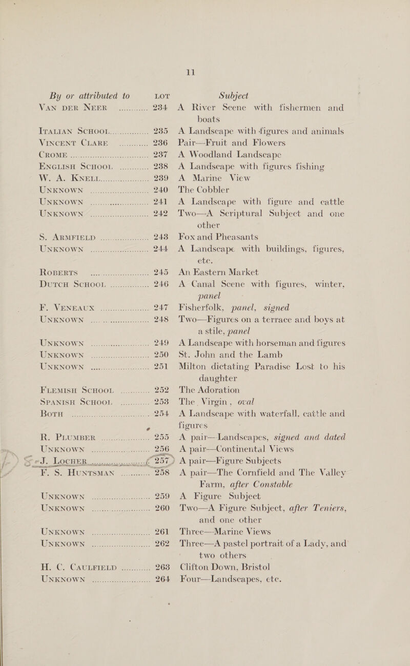 ees  MANAHOBIRGINEER: os...) 505. 234 A River Scene with fishermen and boats TIPALTAN SCHOO... i025: 235 A Landscape with figures and animals WINCENT) CRARES ~ 5.500 236 Pair—Fruit and Flowers USN I te ee leet aan Qn 237 A Woodland Landscape PNGCLISH SOCHOOM .4....)... 238 A Landscape with figures fishing VN Paee Na, NONE ET pS Vhs 239 A Marine View WNENOWN: 6.41.44. hate 240 The Cobbler USENT SGN. en i ane 241 A Landscape with figure and cattle RUNING WN More orc et eae 242 Two—A Scriptural Subject and one Se MMT ek 243 Fox and Pheasants WUNENOWN: (occ lo 244 A Landscape with buildings, figures, ete, | TOLER IS: oes ety 245 An Eastern Market Duree SCHOOL 22.1240... 246 &lt;A Canal Scene with figures, winter, Pee NINE Ue ooh. 247 Fisherfolk, panel, signed MONON OWING ies ee 248 Two—Figures on a terrace and boys at a stile, panel UINIGNONUN - oes, oo e 249 A Landscape with horseman and figures NONGCNOW IN - ceoh.nd es ee 250 St. John and the Lamb WO NIGNOWN: se. Scie ove 251 Milton dictating Paradise Lost to his daughter FLEMISH SCHOOL ............ 252 The Adoration SPANISH SCHOO 20... 253 The Virgin, oval OU eis fi. oe eae . 254 A Landscape with waterfall. cattle and “ figures he PLM BERS ue 255 &lt;A pair—Landscapes, signed and dated ISN OW NP cis eo 256 A pair—Continental Views Ss cae LON: 1 eae GEG ) A pair—Figure Subjects FS. Huntsman oe. 258 A pair—The Cornfield and The Valley Farm, after Constable WIMGNOWN’ URS eee: 259 A Figure Subject ROINAONOBVING 22.8. oa 260 Two—A Figure Subject, after Teniers, and one other WIN EINOWN SS 050s.) dee 261 Three—Marine Views A IKN © WiNgpge ood sce 262 Three—A pastel portrait of a Lady, and’ two others eC, CacimErD 2...385 263 Clifton Down, Bristol EN RGN OW Nie os eb: eas 264 Four—Landscapes, etc.