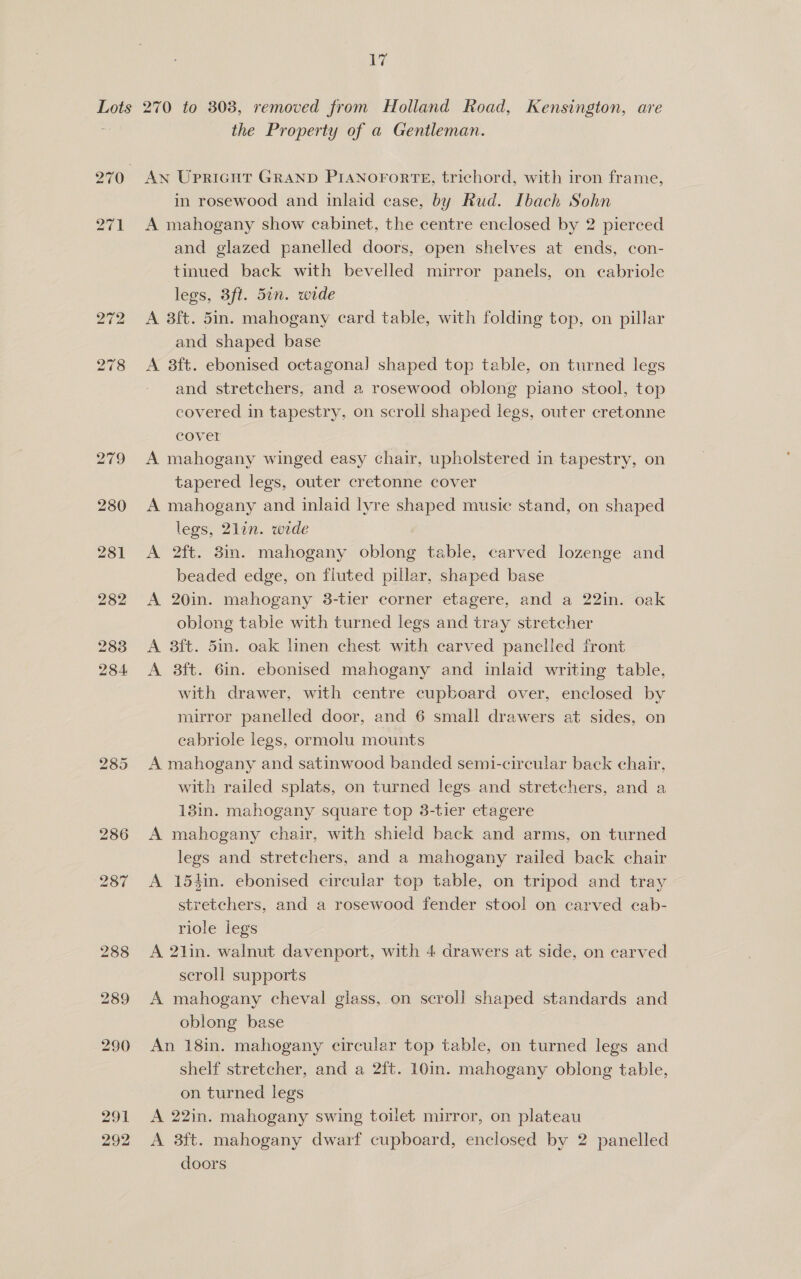 291 292 17 270 to 303, removed from Holland Road, Kensington, are the Property of a Gentleman. in rosewood and inlaid case, by Rud. Ibach Sohn A mahogany show cabinet, the centre enclosed by 2 pierced and glazed panelled doors, open shelves at ends, con- tinued back with bevelled mirror panels, on cabriole legs, 3ft. 5in. wide A 3ft. 5in. mahogany card table, with folding top, on pillar and shaped base A 38ft. ebonised octagonal] shaped top table, on turned legs and stretchers, and a rosewood oblong piano stool, top covered in tapestry, on scroll shaped legs, outer cretonne cover A mahogany winged easy chair, upholstered in tapestry, on tapered legs, outer cretonne cover A mahogany and inlaid lyre shaped music stand, on shaped legs, 2lin. wide A 2ft. 3in. mahogany oblong table, carved lozenge and beaded edge, on fluted pillar, shaped base A 20in. mahogany 3-tier corner etagere, and a 22in. oak oblong table with turned legs and tray stretcher A 8ft. 5in. oak linen chest with carved panelled front A 8ft. 6in. ebonised mahogany and inlaid writing table, with drawer, with centre cupboard over, enclosed by mirror panelled door, and 6 small drawers at sides, on eabriole legs, ormolu mounts A mahogany and satinwood banded semi-circular back chair, with railed splats, on turned legs and stretchers, and a 13in. mahogany square top 3-tier etagere A mahogany chair, with shield back and arms, on turned legs and stretchers, and a mahogany railed back chair A 154in. ebonised circular top table, on tripod and tray stretchers, and a rosewood fender stool on carved cab- riole legs A 2lin. walnut davenport, with 4 drawers at side, on carved scroll supports A mahogany cheval glass, on seroll shaped standards and oblong base An 18in. mahogany circular top table, on turned legs and shelf stretcher, and a 2ft. 10in. mahogany oblong table, on turned leg's A 22in. mahogany swing toilet mirror, on plateau A 3ft. mahogany dwarf cupboard, enclosed by 2 panelled doors
