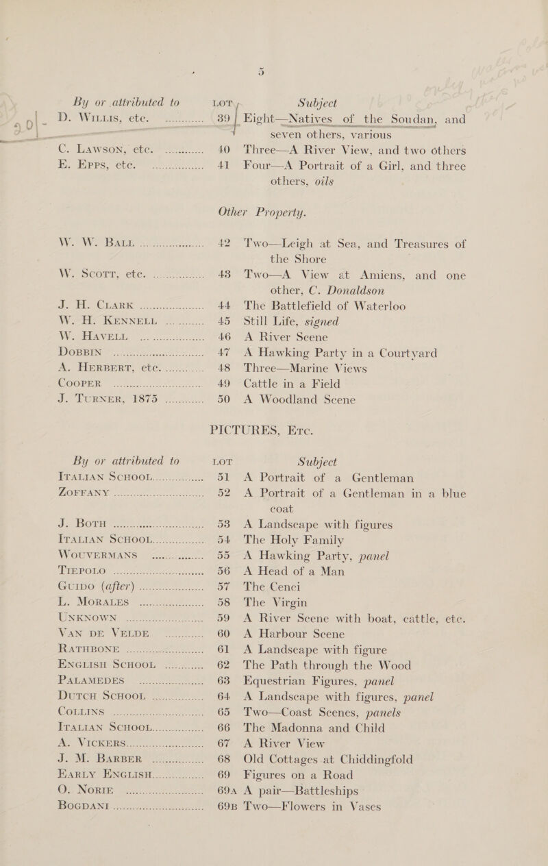 D. WiuIis, ete. 39 C. Lawson, etc. Or seven others, various others, oils 3S Sy ola 4.0 My, BPS Cb0y |) eas Al VE AWN ely and ee ey A? Wie eOrt: Cle. oct iss. 43 eC AS re eee. 4A, WPS INEN NBER 20). A5 Wiser ibys ook ee 46 18a) BO CN ee re ee AW A. HPRBERT, Che. ......2..... 48 OORT et oe A9 FPL ORNERS UST oy. 50 the Shore Two  other, C. Donaldson The Battlefield of Waterloo Still Life, signed A River Scene Three—Marine Views Cattle in a Field A Woodland Scene By or attributed to LOT LTALTAN SCHOOL,” 2- Se 51 LORFANY ...... as oe Ae eh 52: OR OME ee wire Ure tte 53 FPATIAN- SCHOO, Stu.0.....5 54 WOUVERMANS. “2-7... 155 WEP OO ce eee oud 56 GOImMONe en) we: oF iy. MORALES ~ 35.4042... 58 DNENOWN . fae 59 VAN DE VERDE 60 BUATIBONE ea 61 ENGLISH SCHOOL: 2%... ).. 62 PRE AMEE DES. fiat uss: 63 DUECH SCHOOR 2s”: 64. COMMING: oe 5.) 65 FTALTAN SCHOOL, -. 22-2 66 Be VVC KE Ret ts ee. 67 2 apres oe 68 HWARLY. HNGLISH........2....... 69 Ove ORI paneer e BOGDAN oe ee Subject A Portrait of a Gentleman coat A Landscape with figures The Holy Family A Hawking Party, panel A Head of a Man The Cenci The Virgin A Harbour Scene A Landscape with figure The Path through the Wood Equestrian Figures, panel Two—Coast Scenes, panels The Madonna and Child A River View Old Cottages at Chiddingfold Figures on a Road