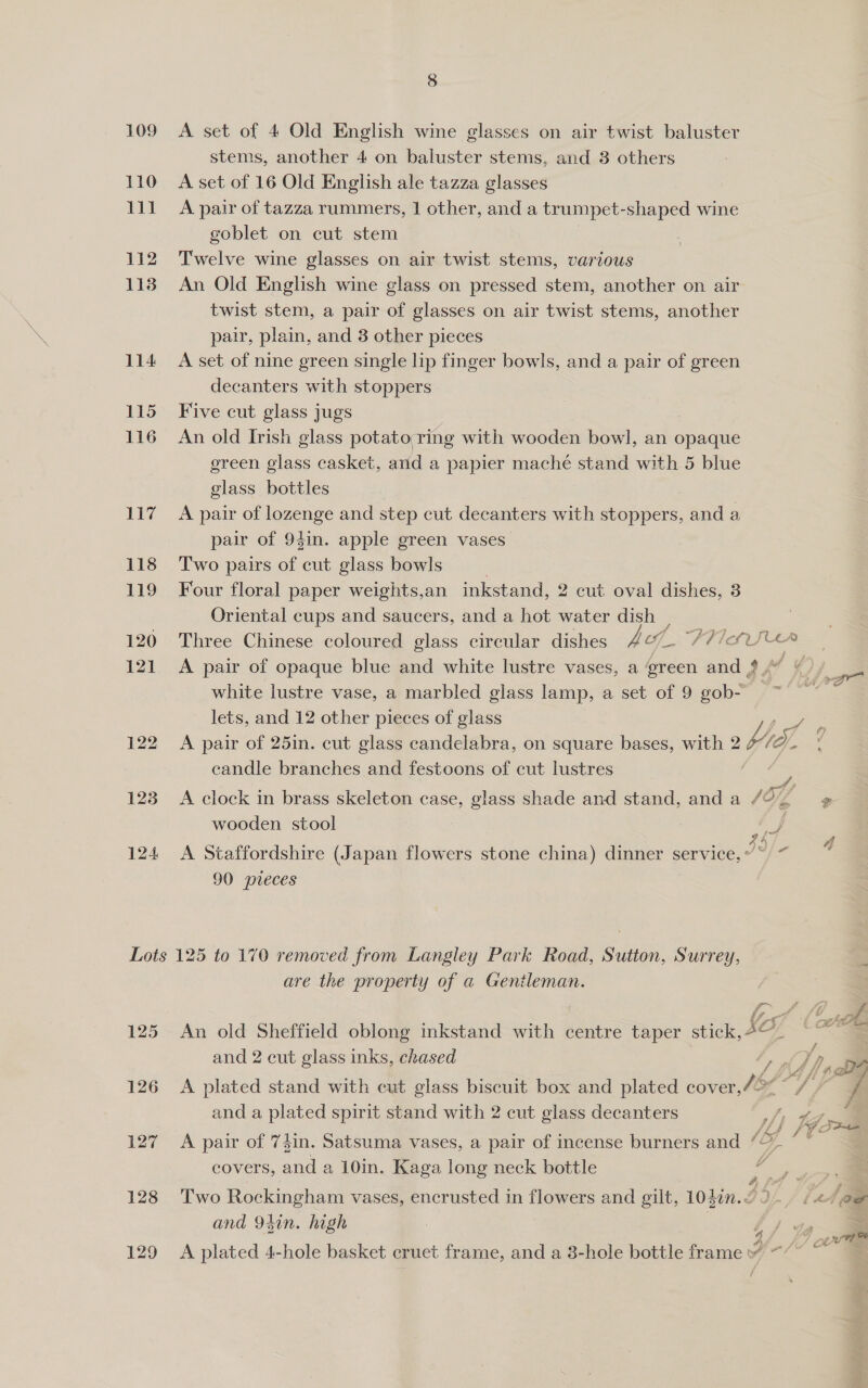 109 110 111 112 113 114 115 116 117 124 8 A set of 4 Old English wine glasses on air twist baluster stems, another 4 on baluster stems, and 3 others A set of 16 Old English ale tazza glasses A pair of tazza rummers, 1 other, and a trumpet-shaped wine goblet on cut stem Twelve wine glasses on air twist stems, various An Old English wine glass on pressed stem, another on air twist stem, a pair of glasses on air twist stems, another pair, plain, and 3 other pieces A set of nine green single lip finger bowls, and a pair of green decanters with stoppers Five cut glass jugs An old Irish glass potato ring with wooden bowl, an opaque green glass casket, arid a papier maché stand with 5 blue glass bottles A pair of lozenge and step cut decanters with stoppers, and a pair of 94in. apple green vases Two pairs of cut glass bowls Four floral paper weights,an inkstand, 2 cut oval dishes, 3 Oriental cups and saucers, and a hot water dish _ Three Chinese coloured glass circular dishes AG. /7/¢UU* ! white lustre vase, a marbled glass lamp, a set of 9 gob- lets, and 12 other pieces of glass A pair of 25in. cut glass candelabra, on square bases, with 2 bic, candle branches and festoons of cut lustres ; A clock in brass skeleton case, glass shade and stand, and a /O wooden stool by A Staffordshire (Japan flowers stone china) dinner service, Jefe 90 pieces 125 126 127 128 129 are the property of a Gentleman. {&gt; An old Sheffield oblong inkstand with centre taper te and 2 cut glass inks, chased , A plated stand with cut glass biscuit box and plated cover, te A pair of 74in. Satsuma vases, a pair of incense burners and ‘~~ covers, and a 10in. Kaga long neck bottle Two Rockingham vases, encrusted in flowers and gilt, 10307. 0 f and 94in. high 3/ * A plated 4-hole basket cruet frame, and a 3-hole bottle paney “ee yo