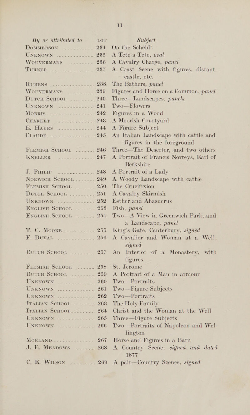 DOMMERSON AUN INOW tee eke WoUVERMANS TURNER eect we ee ee ee eee we mere rece ee 1 2D EDN SS aaa a gi On WoUVERMANS DutcH ScHOOL UNKNOWN Morris CHARKET E. Hayes CLAUDE FLEMISH SCHOOL KNELLER So ee rca @helele) y aie leisie ss cietsieiaieletatrlelei's laisirveleybyers F, DuVAL FLEMISH SCHOOL DutcH ScHOOL UNKNOWN UNKNOWN osesce esos 11 On the Scheldt A Tete-a-Tete, oval A Cavalry Charge, panel A Coast Scene with figures, distant castle, ete. The Bathers, panel Figures and Horse on a Common, panel Three—Landscapes, panels Two—F lowers Figures in a Wood A Moorish Courtyard A Figure Subject An. Italian Landscape with cattle and figures in the foreground Three—The Deserter, and two others A Portrait of Francis Norreys, Earl of Berkshire A Portrait of a Lady A Woody Landscape with cattle The Crucifixion A Cavalry Skirmish Esther and Ahasuerus Fish, panel Two—A View in Greenwich Park, and a Landscape, panel King’s Gate, Canterbury, signed A Cavalier and Woman at a Well, signed An Interior of a Monastery, figures St. Jerome A Portrait of a Man in armour Two — Portraits Two—Figure Subjects Two— Portraits The Holy Family Christ and the Woman at the Well Three—Figure Subjects Two—Portraits of Napoleon and Wel- lington Horse and Figures in a Barn A Country Scene, signed and dated 1377 A pair—Country Scenes, signed with