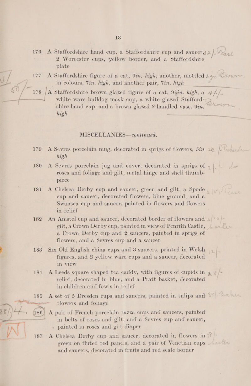 176 A Staffordshire hand cup, a Staffordshire cup and saucer,3. / 2 Worcester cups, yellow border, and a Staffordshire ~ plate 3 / 177 &lt;A Staffordshire figure of a cat, 9in. high, another, mottled 40 A f in colours, Tin. high, and another pair, Tin. high _ Py LA Ja Staffordshire brown glazed figure of a cat, 94in. hai a s 4// ———p-—— white ware bulldog mask cup, a white glazed Stafford-—&gt; | ‘shire hand cup, and a brown glazed 2-handled vase, 9in. high i Sy MISCELLANIES—continued. 179 A Sevres porcelain mug, decorated in sprigs of flowers, 5in 26 high 180 A Sevres porcelain jug and cover, decorated in sprigs of 5 |. roses and foliage and gilt, metal hinge and shell thumb- | piece 181 A Chelsea Derby cup and saucer, green and gilt, a Spode cup and saucer, decorated flowers, blue ground, and a Swansea cup and saucer, painted in flowers and flowers in relief 182 An Amstel cup and saucer, decorated border of flowers and . gilt, a Crown Derby cup, painted in view of Penrith Castle, a Crown Derby cup and 2 saucers, painted in sprigs of flowers, and a Sevres cup and a saucer 4 183 Six Old English china cups and 3 saucers, printed in Welsh |, _| figures, and 2 yellow ware cups and a saucer, decorated | in view 184 &lt;A Leeds square shaped tea caddy, with figures of cupids in , relief, decorated in blue, and a Pratt basket, decorated in children and fow!s in 1esief Yee 185 &lt;A set of 5 Dresden cups and saucers, painted in tulips and Pin ~~ flowers and foliage st) \A4 Zo) A pair of French porcelain tazza cups and saucers, painted - in belts of roses and gilt, and a Sevres cup and saucer, ; — . . . . T7 « painted in roses and git diaper % § 187 A Chelsea Derby cup and saucer, decorated in flowers in 3! green on fluted red paneis, and a pair of Venetian cups and saucers, decorated in fruits and red scale border
