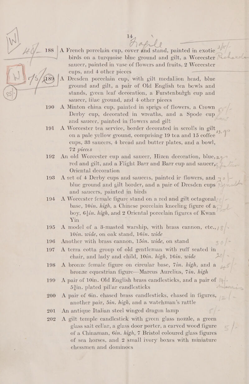 “| i“ £l/— 188 A French porcelain cup, cover ho a naintede in.exotic —* a ne, birds on a turquoise blue ground and gilt, a Worcester © ena: saucer, painted in vase of flowers and fruits, 2 Worcester | i; \ ‘i 71$/Ri 89 A Dresden porcelain cup, with gilt medallion heed: blue Mr =  — ground and gilt, a pair of Old English tea bowls and stands, green leaf decoration, a Furstenburgh cup and saucer, lilac ground, and 4 other pieces 190 A Minton china cup, painted in sprigs of flowers, a Crown , Derby cup, decorated in wreaths, and a Spode cup and saucer, painted in flowers and gilt 191 A Worcester tea service, border decorated in scrolls in gilt : on a pale yellow ground, comprising 19 tea and 15 coffee ~— cups, 33 saucers, 4 bread and butter plates, and a bowl, 72 pieces 192 An old Worcester cup and saucer, Hizen decoration, blue, as red and gilt, and a Flight Barr and Barr cup and saucer, Oriental decoration 3 193 A set of 4 Derby cups and saucers, painted ir flowers, and ~ o \_ blue ground and gilt border, and a pair of Dresden cups \i/ and saucers, painted in birds 194 A Worcester female figure stand on a red and gilt octagonal base, 10in. high, a Chinese porcelain kneeling figure of a, boy, 64in. high, and 2 Oriental porcelain figures of Kwan’ Yin | 195 &lt;A model of a 3-masted warship, with brass cannon, etc., 10in. wide, on oak stand, 16in. wide 196 Another with brass cannon, 157n. wide, on stand  197 A terra cotta group of old gentleman with ruff seated in chair, and lady and child, 10in. high, 16in. wide - 198 &lt;A bronze female figure on circular base, 7in. high, and a bronze equestrian figure—Marcus Aurelius, 7in. high 199 A pair of 10in. Old English brass candlesticks, and a pair of 53in. plated pillar candlesticks 200 &lt;A pair of 6in. chased brass candlesticks, chased in figures, another pair, 5in. high, and a watchman’s rattle 201 An antique Italian steel winged dragon lamp 202 A gilt temple candlestick with green glass nozzle, a green glass salt cellar, a glass door porter, a carved wood figure of a Chinaman, 6in. high, 7 Bristol coloured glass figures of sea horses, and 2 small ivory boxes with miniature chessmen and dominoes