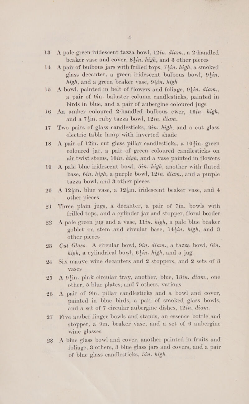 138 19 28 4; A pale green iridescent tazza bowl, 12in. diam., a 2-handled beaker vase and cover, 84in. high, and 3 other pieces A pair of bulbous jars with frilled tops, 74in. high, a smoked glass decanter, a green iridescent bulbous bowl, 94%n. high, and a green beaker vase, 94in. high A bowl, painted in belt of flowers and foliage, 9}in. diam., a pair of 9in. baluster column candlesticks, painted in birds in blue, and a pair of aubergine coloured jug's An amber coloured 2-handled bulbous ewer, 16in. high, and a 74in. ruby tazza bowl, 12in. diam. Two pairs of glass candlesticks, 9in. high, and a cut glass electric table lamp with inverted shade A pair of 12in. cut glass pillar candlesticks, a 104in. green coloured jar, a pair of green coloured candlesticks on air twist stems, 10in. high, and a vase painted in flowers A pale blue iridescent bowl, 5in. high, another with fluted base, 6in. high, a purple bowl, 12in. diam., and a purple tazza bowl, and 3 other pieces A 12hin. blue vase, a 124in. iridescent beaker vase, and 4 other pieces Three plain jugs, a decanter, a pair of 7in. bowls with frilled tops, and a cylinder jar and stopper, floral border A pale green jug and a vase, llin. high, a pale blue beaker goblet on stem and circular base, 1447. high, and 3 other pieces | Cut Glass. A circular bowl, 9in. diam., a tazza bowl, 6in. high, a cylindrical bowl, 647n. high, and a jug Six mauve wine decanters and 2 stoppers, and 2 sets of 3 vases A 9hin. pink circular tray, another, blue, 138¢n. diam., one other, 5 blue plates, and 7 others, various A pair of 9in. pillar candlesticks and a bowl and cover, painted in blue birds, a pair of smoked glass bowls, and a set of 7 circular aubergine dishes, 127n. diam. Five amber finger bowls and stands, an essence bottle and stopper, a 9in. beaker vase, and a set of 6 aubergine wine glasses A blue glass bowl and cover, another painted in fruits and foliage, 3 others, 3 blue glass jars and covers, and a pair of blue glass candlesticks, 5in. high