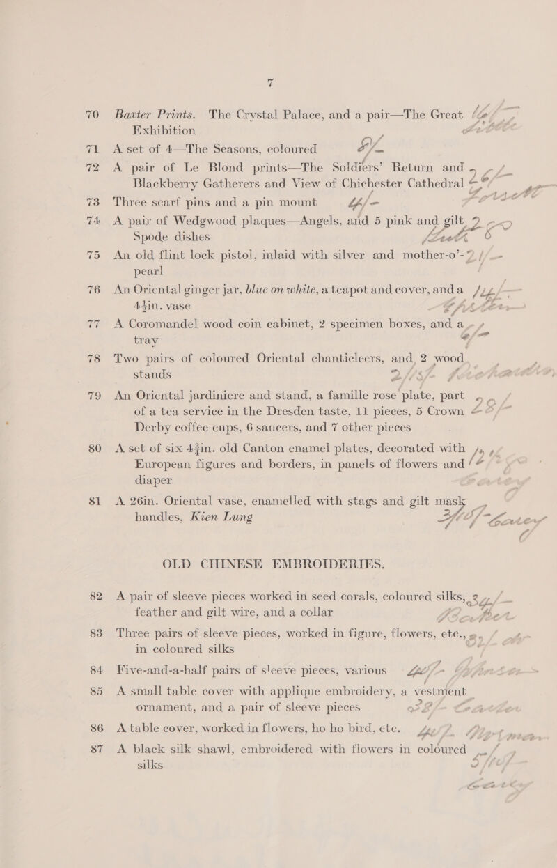 80 81 82 83 84: 85 86 87 vi Exhibition : )/ A set of 4—The Seasons, coloured S, Pas Three scarf pins and a pin mount 4p/- Spode dishes [L, jeer pear! Atin. vase ra » Cog f ¥ 4 tray aE ra Derby coffee cups, 6 saucers, and 7 other pieces diaper handles, Kien Lung OLD CHINESE EMBROIDERIKES. feather and gilt wire, and a collar in coloured silks rd ornament, and a pair of sleeve pieces . A table cover, worked in flowers, ho ho bird, ete. A black silk shawl, embroidered with flowers in silks ¢