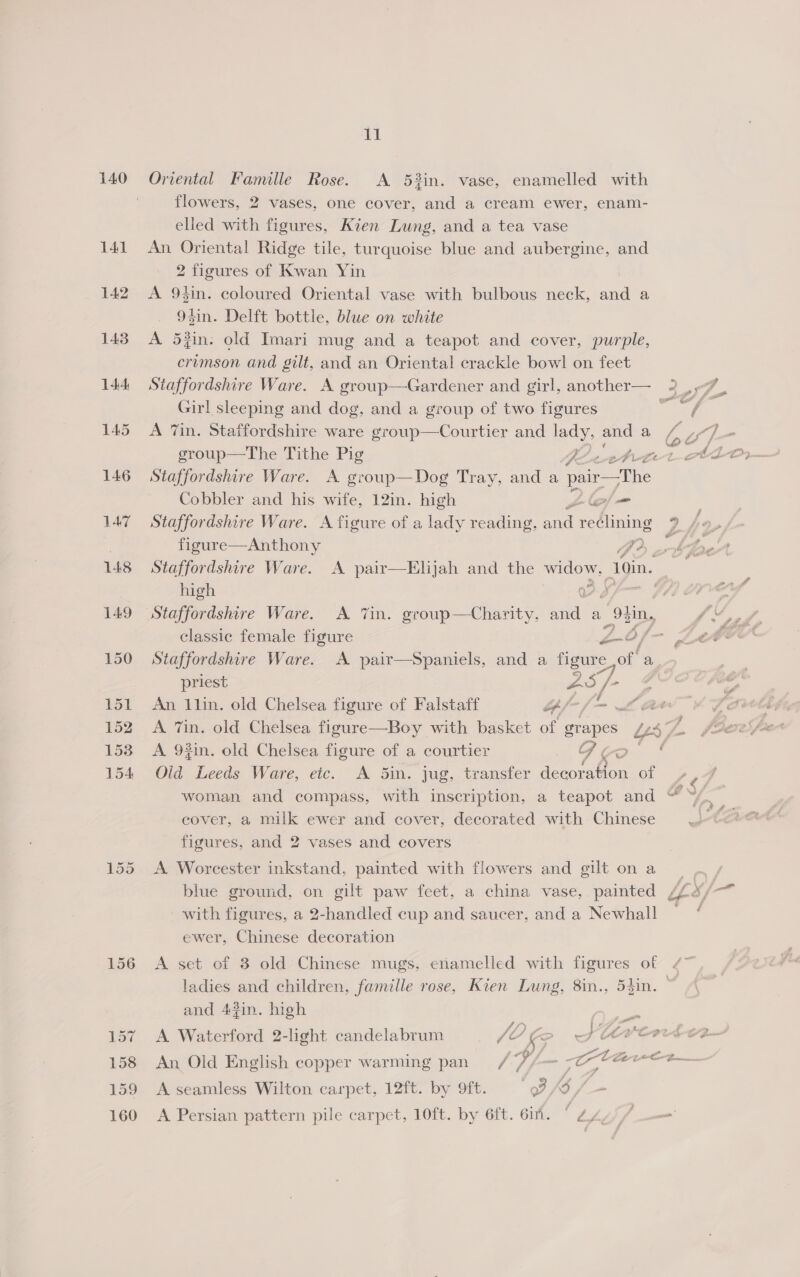 140 156 11 Oriental Famille Rose. &lt;A 5%in. vase, enamelled with flowers, 2 vases, one cover, and a cream ewer, enam- elled with figures, Kien Lung, and a tea vase An Oriental Ridge tile, turquoise blue and aubergine, and 2 figures of Kwan Yin A 9tin. coloured Oriental vase with bulbous neck, and a 9tin. Delft bottle, blue on white A 5zin. old Imari mug and a teapot and cover, purple, crimson and gilt, and an Oriental crackle bowl on feet Staffordshire Ware. A group—Gardener and girl, another— Girl sleeping and dog, and a group of two figures gsroup—The Tithe Pig Z Staffordshire Ware. A group—Dog Tray, and a pair—The Cobbler and his wife, 12in. high L (eof weet Staffordshire Ware. A figure of a lady reading, age reclining figure—Anthony q? high classic female figure ? priest 25 /- ; An 1lin. old Chelsea figure of Falstaff bff f= wil A 9in. old Chelsea figure of a courtier _ G y &amp;  Old Leeds Ware, etc. A 5in. jug, transfer eten of cover, a milk ewer and cover, decorated with Chinese figures, and 2 vases and covers A Worcester inkstand, painted with flowers and gilt on a with figures, a 2-handled cup and saucer, and a Newhall ewer, Chinese decoration A set of 3 old Chinese mugs, enamelled with figures of ladies and children, famille rose, Kien Lung, 8in., 55in. and 43in. high A Waterford 2-light candelabrum fr Dy a , : , J} of whe?” oe f J lo a APG ves y 4 us wor F Eee se A seamless Wilton carpet, 12ft. by 9ft. ‘oh /_- A Persian pattern pile carpet, 10ft. by 6ft. 6if. ° Z, é