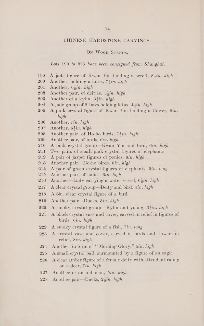 Oo 200 201 202 203 204 205 206 207 208 209 210 211 212 213 214 215 216 217 218 219 220 221 222 223 224 225 226 227 228 14 CHINESE HARDSTONE CARVINGS. On Woop STANDs. Lots 199 to 273 have been consigned from Shanghai. A jade figure of Kwan Yin holding a scroll, 84in. high Another, holding a lotus, 74in. high Another, 64in. high | Another pair, of deities, 54in. high Another of a kylin, 34in. high A jade group of 2 boys holding lotus, 44in. high A pink crystal figure of Kwan Yin holding a flower, 8in. high | Another, 7in. high Another, 647in. high Another pair, of Ho-ho birds, 74in. high Another pair, of birds, 6in. high A pink erystal group—Kwan Yin and bird, 6in. high Two pairs of small pink crystal figures of elephants A pair of Jasper figures of ponies, 6in. high Another pair—Ho-ho birds, 8in. high A pair of green crystal figures of elephants, 5in. long Another pair, of ladies, 6in. high Another—Lady carrying a water vessel, 64in. high A clear crystal group—Deity and bird, 47in. high A 6in. clear crystal figure of a bird Another pair—Ducks, 37in. high A smoky crystal group—Kylin and young, 347n. high A black crystal vase and cover, carved in relief in figures of birds, 6in. high A smoky crystal figure of a fish, Tan. long A crystal vase and cover, carved in birds and flowers in relief, 87n. high Another, in form of ‘‘ Morning Glory,” 5an. high A small crystal ball, surmounted by a figure of an eagle A clear amber figure of a female deity with attendant riding on a deer, 7in. high Another of an old man, 5in. high Another pair—Ducks, 24in. high