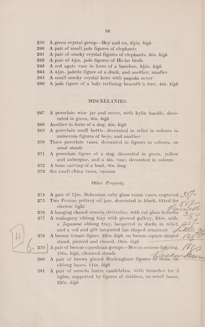 259 260 261 262 263 264 265 266 278 re ee nana eee 280 281 16 A. green crystal group—Boy and ox, 34in. high A pair of small jade figures of Seprante A pair of smoky crystal figures of elephants, 3in. high A pair of 44in. jade figures of Ho-ho birds A red agate vase in form of a bamboo, 34in. high A 44in. jadeite figure of a duck, and another, smaller A small smoky crystal koro with pagoda cover A jade figure of a lady reclining beneath ‘a tree, 4in. high MISCELLANIES. A porcelain wine jar and cover, with kylin handle, deco- rated in green, 9in. high Another in form of a dog, 4in. high A porcelain snuff bottle, decorated in relief in colours in numerous figures of boys, and another Three porcelain vases, decorated in figures in colours, on wood stands A porcelain figure of a dog, decorated in green, yellow and aubergine, and a 4in. vase, decorated in colours A bone carving of a boat, 9in. long Six small china vases, various Other Property. Two Persian pottery oil jars, decorated in black, fitted for A hanging chased ormolu electrolier, with cut glass fes A mahogany oblong tray with pierced gallery, 247n. wide, gS &gt; A. bronze female figure, 220. high, on bronze square shaped stand, pierced and chased, 187n. high 19in. high, ebonised stands hus oblong bases, llin. high A pair of ormolu lustre candelabra, with branches for 5 lights, supported by figures of children, on scroll bases, 221n. high