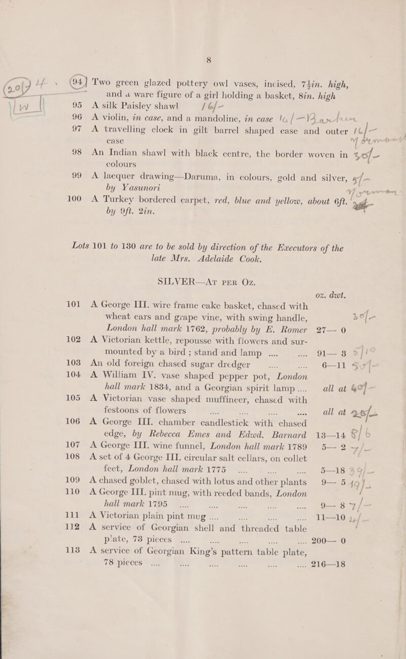 a LEP % (4) L'wo green glazed pottery owl vases, incised, 74in. high, (oy + 5 and a ware figure of a girl holding a basket, 8in. high tly tt 95 A silk Paisley shawl / 6/- : — 96 &lt;A violin, in case, and a mandoline, in case 1a] Vanda 97 A travelling clock in gilt barrel shaped case and outer / c]- m case a ak 98 An Indian shawl with black centre, the border woven in 2 oa colours 99 A lacquer drawing—Daruma, in colours, gold and silver, 7. - by Yasunori VY yt 100 A Turkey bordered carpet, red, blue and yellow, about 6ft. ‘t- by 9ft. 2in. Lots 101 to 130 are to be sold by direction of the Executors of the late Mrs. Adelaide Cook. SILVER—AT PER Oz. oz. dwt. 101 A George III. wire frame cake basket, chased with wheat ears and grape vine, with swing handle, 5 of oa London hall mark 1762, probably by E. Romer 27— 0 102 A Victorian kettle, repousse with flowers and sur- mounted by a bird ; stand and lamp. .... ae 91 ee 103 An old foreign chased sugar dredger 2? 6—11 Su] 104 A William IV. vase shaped pepper pot, Wage pe hall mark 1834, and a Georgian spirit lamp... all at yo] ; 105 A Victorian vase shaped muffineer, chased with festoons of flowers .. all at 4-657. 106 A George III. chamber saiimeric with ave edge, by Rebecca Emes and Edwd. Barnard 13—14 y/o 107 A George III. wine funnel, London hall mark 1789 5— 2 ~/ 108 A set of 4 George III. circular salt cellars, on collet | feet, London hall mark 1775... a 1S. geb 109 Achased goblet, chased with lotus and Seite: pinae 9— 549] \ 110 A George III. pint mug, with reeded bands, London | hall mark 1795 _.... a Lae i. .. 98 ~7/- 111 A Victorian plain pint muvee .. “11—10 gf 112 A service of Georgian een aha eel ipie plate, 73 pieces .... or UO eae 113 A service of Georgian Kings S npateern Pple nie TOapIeces ~ 2a ge Ae nie — 2. 216—13 