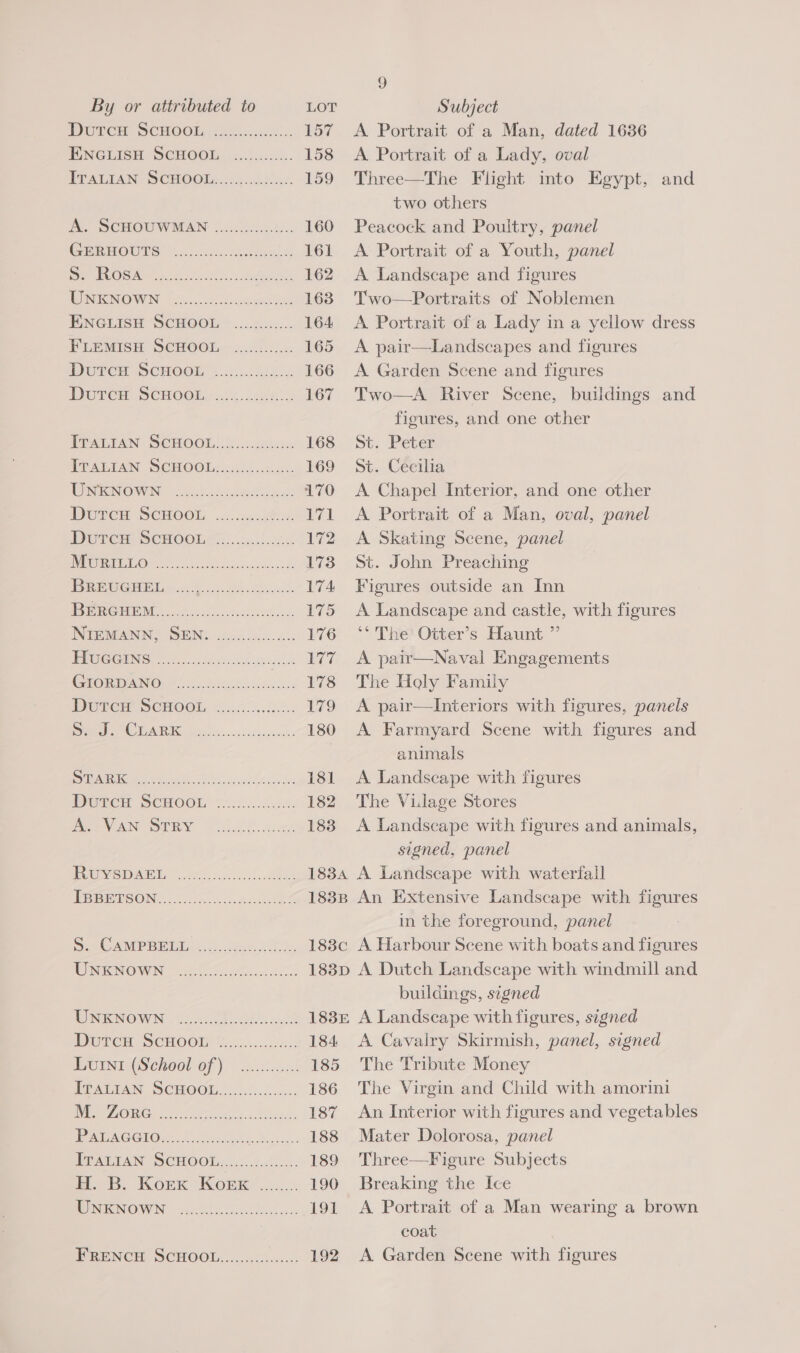 Durem SCHOOL ccc... 157 ENGLISH SCHOOL ............ 158 EPALIAN SCHOOL £1.40! s0. 159 A. SCHOUWMAN ........0...4.. 160 Gren OUrS soci. eele 161 re OS Meets oe or) An 162 WIMIENOWN “Gs....2o scot 163 ENGLISH SCHOOL ............. 164 FLEMISH SCHOOL .....:...... 165 Durcu Scnoak (Vas. 166 Durem. SCHOOn h...cce. 167 TPALIAN OCHOOL! Ul. ..sebies 168 TTALIAN SCHOO Ire!) cs. 169 TONTENIOWIN, (20&gt; coh eee. 170 DUTCH SCHOOL. 2... :c0594&lt;: invA DUTCH SCHOOL... s..l.ch5 kg 1h GHETTO eee eee ee L738 | BERS: SCR ae 0) eee ae a 174 WBE ROME 5-os.c0c00¢.808.eeks: 175 INTERMEANN, SENG 6 a.«. 176 PEUCUENG ee eect 177 GOR DANO: 4/2. Bs Sid 178 Durem ScHOOL. 2..6....... 179 Oe ER es gris oc de ehsssack 180 ‘SUG ee a 181 DPuTrew SCHOOL: v..:.2..c2:8; 182 eV AN OPER, 0 0 Fo ye 183 | Us| DW. 0 183A PRPHESONG.. 2.50... ate 183B Sec A rRei hese. et ese 183¢c NONGEN OWN &gt; ee oe 183D HORS NOWN: ch.ce cde anes 183E Durcn SCHOOM Ss &lt;)....02.. 184 beimin(Sehool of)? ..s..3.2 185 IPAErAN SCHOOL. 5 ......c5. 186 Me OR Gee hon ke ri es 187 eA CTOs os We gd eee Je car 188 TPATIAN SCHOOL. =:..2.&lt;... 189 a... B: Kork (Kopk’....:.. 190 WUNKNOWN sAclatcalvalan 191 FRENCH SCHOOL................ 192 2 A Portrait of a Man, dated 1636 A Portrait of a Lady, oval Three—The Flight into Egypt, and two others Peacock and Poultry, panel A Portrait of a Youth, panel A Landscape and figures Two—Portraits of Noblemen A Portrait of a Lady in a yellow dress A pair—Landscapes and figures A Garden Scene and figures Two—A River Scene, buildings and figures, and one other St. Peter St. Cecilia A Chapel Interior, and one other A Portrait of a Man, oval, panel A Skating Scene, panel St. John Preaching Figures outside an Inn A Landscape and castle, with figures “The Otter’s Haunt ” A pair—Naval Engagements The Holy Family A pair—Interiors with figures, panels A Farmyard Scene with figures and animals A Landscape with figures The Vilage Stores A Landscape with figures and animals, signed, panel A Landscape with waterfall An Extensive Landscape with figures in the foreground, panel A Harbour Scene with boats and figures A Dutch Landscape with windmill and buildings, signed A Landscape with figures, signed A Cavalry Skirmish, panel, signed The Tribute Money The Virgin and Child with amorini An Interior with figures and vegetables Mater Dolorosa, panel Three—Figure Subjects Breaking the Ice A Portrait of a Man wearing a brown coat A Garden Scene with figures