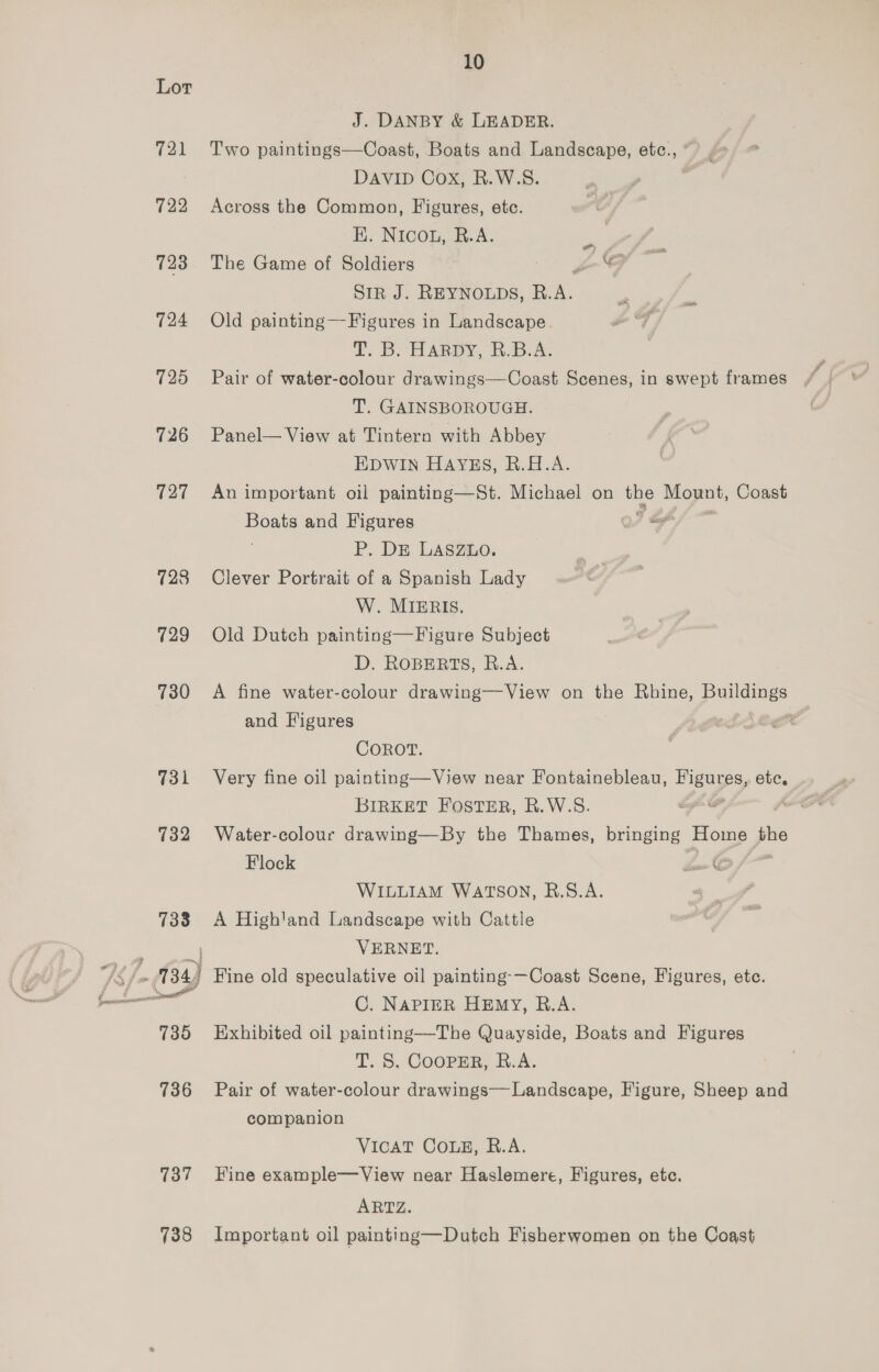 721 722 723 724 725 726 727 728 729 730 731 132 737 738 10 J. DANBY &amp; LEADER. Two paintings—Coast, Boats and Landscape, etc.,* , DAVID Cox, R.W.S. , Across the Common, Figures, etc. Hi. Nicol, &amp;. A. The Game of Soldiers wg SIR J. REYNOLDS, R.A. Old painting—Figures in Landscape. tT. D-HARBY, “B.B.A: Pair of water-colour drawings—Coast Scenes, in swept frames T. GAINSBOROUGH. Panel— View at Tintern with Abbey EDWIN HAYES, R.H.A. An important oil painting—St. Michael on ne Mopnt, Coast Boats and Figures a P. DE LASszio. Clever Portrait of a Spanish Lady W. MIERIS. Old Dutch painting—Figure Subject D. ROBERTS, R.A. A fine water-colour drawing—-View on the Rhine, estes and Figures ? CoROT. Very fine oil painting—View near Fontainebleau, Higuyes, ete, BIRKET FOSTER, R.W.S. vf | Water-colour drawing—By the Thames, bringing Home the Flock WILLIAM WATSON, R.S.A. A High'and Landscape with Cattle VERNET. C. NAPIER HEmY, R.A. Exhibited oil painting—The Quayside, Boats and Figures T. S. COOPER, R.A. Pair of water-colour drawings—Landscape, Figure, Sheep and companion VICAT COLE, R.A. Hine example—View near Haslemere, Figures, etc. ARTZ. Important oil painting—Dutch Fisherwomen on the Coast