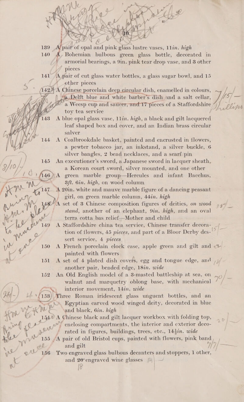 » &gt; | atin ~~ £ f NY ~ ad ¢ P i? a af dry Cvs | wat es Ad Le i) f° 5 ff is b Af LBS BN? rh rae a 0 pail a opal and pink : lustre vases, lin. high Bohemian bulbous green glass bottle, decorated in armorial bearings, a 9in. pink tear drop vase, and 3 other _” pieces 141° A pair of cut glass water bottles, a glass sugar bowl, and 15 other pieces ee 142) A Chinese porcelain deep.circular dish, enamelled in colours, 7 f “a Delft, blue and white barber's ‘dish and a salt cellar,      toy tea service 143 A blue opal glass vase, llin. high, a black and gilt Roques leaf shaped box and cover, and an Indian brass circular salver 144 A Coalbrookdale basket, painted and encrusted in flowers, a pewter tobacco jar, an inkstand, a silver buckle, 6 WR silver bangles, 2 bead necklaces, and a scarf. pin 145 An executioner’s sword, « Japanese sword in lacquer sheath, a) O 7. r a Korean court sword, silver mounted, and one other LS } f146))A green marble group—Hercules and infant Bacchus, a Dyn 3ft. 6in. high, on wood column j wn Ka ag “A 20in. white and mauve marble figure of a dancing peasant | \ LV girl, on green marble column, 447in. high set of 3 Chinese composition figures of deities, on wood stand, another of an elephant, 9in. high, and an oval wa terra cotta bas relief-—Mother and child yp 149 &lt;A Staffordshire china tea service, Chinese transfer decora- J AN Sy aad ayy \ oa aN fad \ Me P tion of flowers, 45 pieces, and part of a Bloor Derby des-’ \ a sert service, 4 pieces pv a 150 &lt;A French porcelain clock case, apple green and gilt and « 4 painted with flowers i 151 A set of 4 plated dish covers, egg and tongue edge, and another pair, beaded edge, 182n. wide 152 An Old English model of a 3-masted battleship at sea, on walnut and marquetry oblong base, with mechanical w— interior movement, 147n. wide Lf vf 153) Three Roman. iridescent glass unguent bottles, ‘and an 7 F * T=. Egyptian carved wood winged deity, decorated in blue CCl Jv ak he &amp;—~ “and black, 6in. high ae oe. lt vA Chinese black and gilt lacquer workbox with folding top, = we I” i » enclosing compartments, the interior and exterior deco- \y / * we / rated in figures, buildings, trees, etc., 143in. wide ye :. /*- “A pair of old Bristol cups, painted with flowers, pink ars, : i A ba ; . and gilt I / &gt; e/3 156 Two engraved glass bulbous decanters and stoppers, 1 ee and #é-engraved wine glasses [} |. ~ iS lp