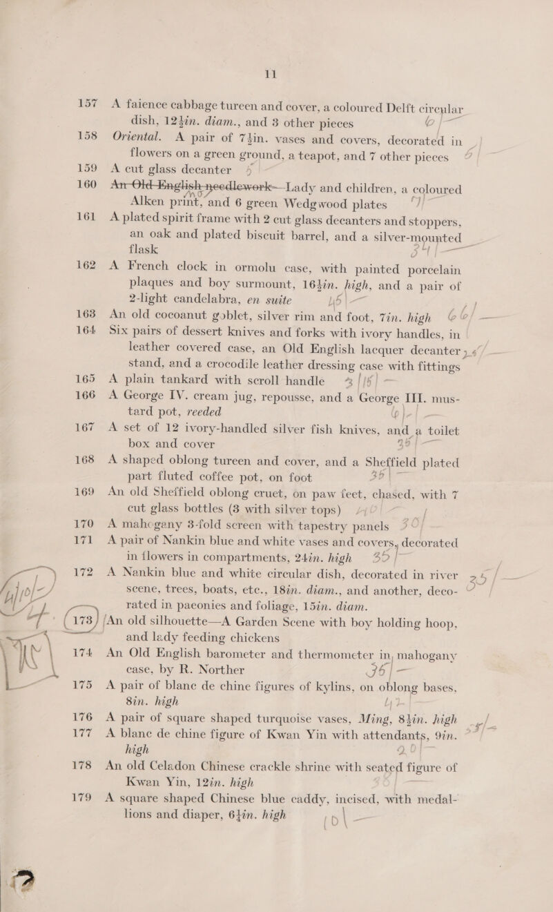 162 178 179 11 A faience cabbage tureen and cover, a coloured Delft cir ewlar dish, 124¢n. diam., and 8 other pieces © Oriental. A pair of 74 2m. vases and covers, decorated in ; flowers on a green ground, a teapot, and 7 other pieces © A cut glass decanter 4 i Lady and children, a coloured Alken print, and 6 green Wedgwood plates A plated spirit frame with 2 cut glass decanters and stoppers. an oak and plated biscuit barrel, and a silver- tame e flask ¢ sie A French clock in ormolu case, with painted on are plaques and boy surmount, 164in. (iigh, and a pair of 2-light candelabra, en suite Lib | rr An old cocoanut goblet, silver rim and foot, Tin. high @&amp;/ — Six pairs of dessert knives and forks with i ivory handles, in leather covered case, an Old English lacquer decanter 16 stand, and a crocodile leather dressing case with fittings A plain tankard with scroll handle % //) A George IV. cream jug, repousse, and a George | II. mus- tard pot, reeded p | A set of 12 ivory-handled silver fish knives, and, Py toilet box and cover | A shaped oblong tureen and cover, and a Shetil plated part fluted coffee pot, on foot | An old Sheffield oblong cruet, on paw teet, chased, with 7 cut glass bottles (8 with silver tops) /, ei A mahogany 3-fold screen with tapestry panels % ©/ A pair of Nankin blue and white vases and covers, decorated in flowers in compartments, 24in. high 3D A Nankin blue and white circular dish, decorated in river 25 / scene, trees, boats, ete., 18in. diam., and another, deco- ~ rated in paeonies and foliage, 15in. diam. and lady feeding chickens An Old English barometer and thermometer in, mahogany case, by R. Norther SS — A pair of blane de chine figures of kylins, on oe bases, 8in. high Ly A pair of square shaped turquoise vases, Ming, shin: high A blanc de chine figure of Kwan Yin with attendants, 9n. high ie An old Celadon Chinese crackle shrine with seated figure of Kwan Yin, 12in. high A square shaped Chinese blue caddy, incised, with medal- hons and diaper, 64in. high 5 | , \ \