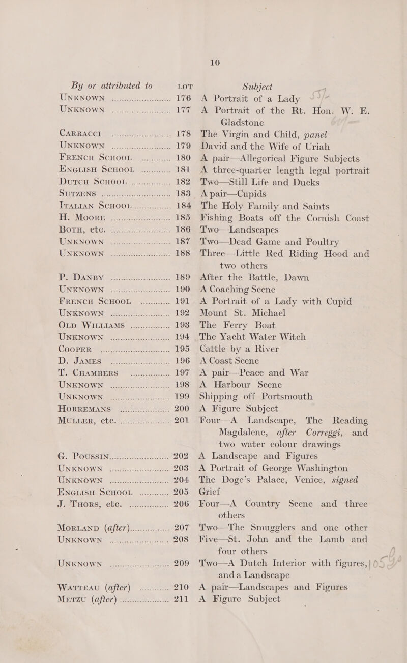 UNENOW News ore os 176 ENS RENO: WAN ti cesses 30, Saco es Vay OAR RA CCIgy *, (neear. ue 178 UENTIGNG@WNi oo. chee eee 179 WRENCH SGHOOUM)..0 0: 180 TENGHISH*SCHOOLMN oe 181 DUTCH oO CHOOM s.. a ae 182 SUDAN S etn eh 183 PDATIANS OCHOOIA.. -...0- ss: 184 HM OORT. i: Dele. 185 OTE MCL Osis aes ae Re Obra 186 NBESIINOAVIN © hose sii Maat sea 187 LS NISINONIN ae vere. es avn Oe 188 AIDEN Y UE SS et 189 WINKNOWN «cote ne on oe: 190 PUNCH SCHOO. 22.255... 191 INNO WIN: otter eee: 192 OUD mA IELIAMG mo oe 193 NSCN'O VW. Nisie os: acceso eee 194. COOPE RM «AS tee Pea...” 195 DP TAMESS so eh ee 196 LP SCTAMBERS 2 tee 197 UMKNOWANT oe 198 LINK NO WING ee ie 199 HIGRREMANS® 224.5005...225n. 200 Miser. etc et: 201 Cie BOUSSING Os oe 202 HUN INOW.N&gt; Seeiec casce.5c eases 203 TENKNOWN “eet 204 EINGLISH, SCHOOL .2:.....:... 205 JreP HORS -ebe. sete. 206 MORLAND, (after) 0.0 ha 207 TUINIGN'O Wann eres rte oe atic 208 HOEK NO VON G ce teis, -ancnctt eee 209 WYATTEAU, (Ofte) ac. a 210 TERE RUCLLCT Veen een ec 211 10 A Portrait of a Lady A Portrait of the Rt. Hon. W. E. Gladstone The Virgin and Child, panel David and the Wife of Uriah A pair—Allegorical Figure Subjects A three-quarter length legal portrait Two—sStill Life and Ducks A pair—Cupids The Holy Family and Saints Fishing Boats off the Cornish Coast Two—Landscapes Two—Dead Game and Poultry Three—Little Red Riding Hood and two others After the Battle, Dawn A Coaching Scene A Portrait of a Lady with Cupid Mount St. Michael The Ferry Boat The Yacht Water Witch Cattle by a River A Coast Scene A pair—Peace and War A Harbour Scene Shipping off Portsmouth A Figure Subject Four—A Landscape, The Reading Magdalene, after Correggi, and two water colour drawings A Landscape and Figures A Portrait of George Washington The Doge’s Palace, Venice, signed Grief Four—A Country Scene and three others Two—The Smugglers and one other Five—St. John and the Lamb and four others and a Landscape A pair—Landscapes and Figures A Figure Subject