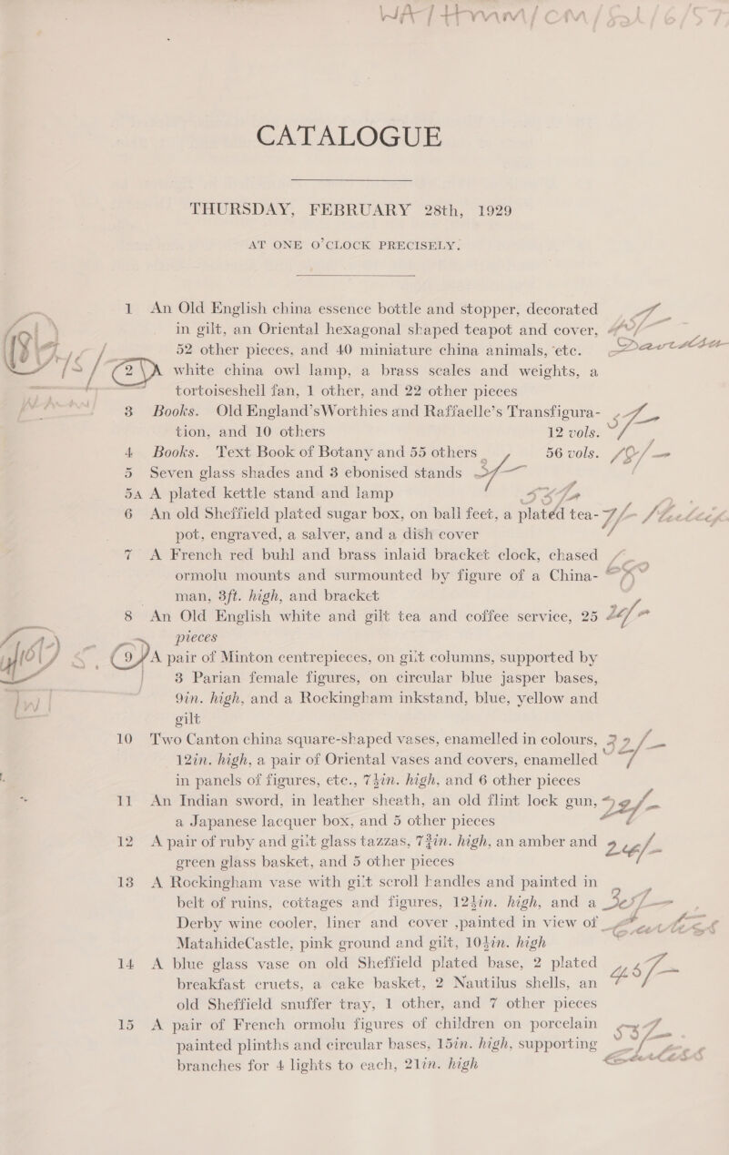  CATALOGUE  1 An Old English china essence bottle and stopper, decorated 52 other pieces, and 40 miniature china animals, ‘etc. white china owl lamp, a brass scales and weights, a tortoiseshell fan, 1 other, and 22 other pieces 3 Books. Old England’sWorthies and Raffaelle’s Transfigura- tion, and 10 others 12 vols. 4 Books. Text Book of Botany and 55 others _ 56 vols 5 Seven glass shades and 3 ebonised stands 3Y- 5a A plated kettle stand and lamp 4 An 4 eS por a i Y i fC / _. ci Il 12 13 14  pot, engraved, a salver, and a dish cover A French red buhl and brass inlaid bracket clock, chased ormolu mounts and surmounted by figure of a China- man, 3ft. high, and bracket , “* Ree ag aE &amp; 4 £ P| preces 3 Parian female figures, on circular blue jasper bases, 9in. high, and a Rockingham inkstand, blue, yellow and oilt Two Canton china square-shaped vases, enamelled in colours, 12in. high, a pair of Oriental vases and covers, enamelled - in panels of figures, ete., 75in. high, and 6 other pieces An Indian sword, in leather sheath, an old flint lock gun, a Japanese lacquer box, and 5 other pieces A pair of ruby and giit glass tazzas, 73in. high, an amber and green glass basket, and 5 other pieces A Rockingham vase with gilt scroll kandles and painted in belt of ruins, cottages and figures, 124in. high, and a MatahideCastle, pink ground and gilt, 10din. high A blue glass vase on old Sheffield plated base, 2 plated breakfast cruets, a cake basket, 2 Nautilus shells, an old Sheffield snuffer tray, 1 other, and 7 other pieces A pair of French ormolu figures of children on porcelain branches for 4 lights to each, 21in. high = f 4 *y i e 2y- as ee a 26 /- “ F ,_« ae a a | i ‘1 Foe we os Me