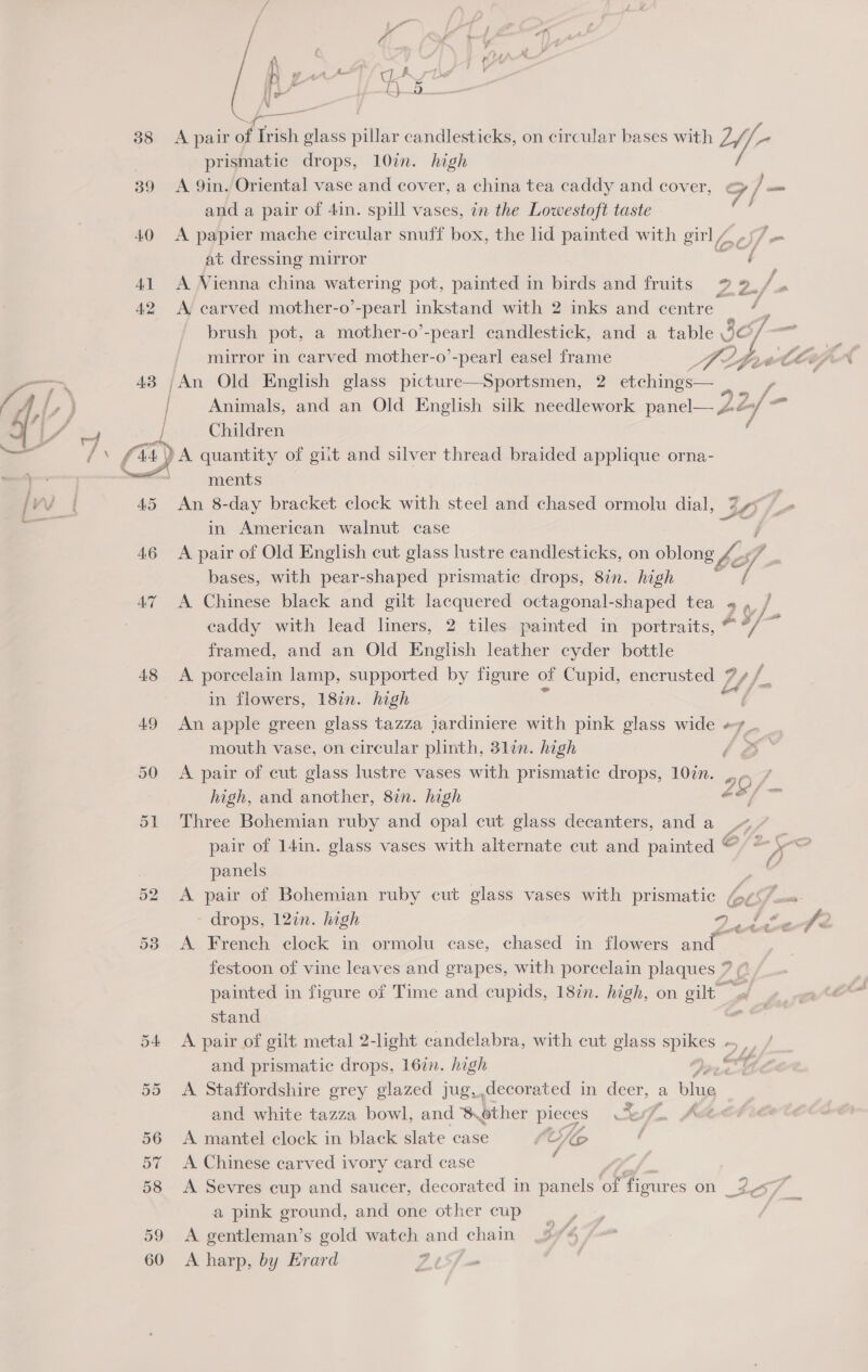 i. a 38 A pair of Irish glass pillar candlesticks, on circular bases with 7 //- prismatic drops, 10in. high 39 A 9in./Oriental vase and cover, a china tea caddy and cover, &amp; ae and a pair of 4in. spill vases, in the Lowestoft taste ce 40 A papier mache circular snuff box, the lid painted with ore ] at dressing mirror of 41 A NVienna china ane pot, painted in birds and fruits 22.4 »  42 A carved mother-o’-pearl inkstand with 2 inks and centre / ; brush pot, a mother-o’ “pearl candlestick, and a table 3¢ f - mirror in carved mother-o’-pearl easel frame = VED é as 43 ;An Old English glass picture—Sportsmen, 2 etchings— ayes Ly i, } Animals, and an Old English silk needlework panel— , Z. aj = Children f 44) A quantity of gilt and silver thread braided applique orna- = ments / 45 An 8-day bracket clock with steel and chased ormolu dial, Bs in American walnut case 46 <A pair of Old English cut glass lustre candlesticks, on oblong fof bases, with pear-shaped prismatic drops, 8in. high “4 47 A Chinese black and gilt lacquered octagonal-shaped tea 4 4 / 3 caddy with lead liners, 2 tiles painted in portraits, ks aa framed, and an Old English leather cyder bottle 48 A porcelain lamp, supported by figure of Cupid, encrusted | rey ~ in flowers, 18in. high : 49 An apple green glass tazza jardiniere with pink anes wide +7_ mouth vase, on circular plinth, 31in. high >, ie 50 <A pair of cut glass lustre vases with prismatic drops, 10in. ,. / high, and another, 87n. high na fa 51 Three Bohemian ruby and opal cut glass decanters, anda |. pair of 14in. glass vases with alternate cut and painted ©) = \-@ panels P v 52 <A pair of Bohemian ruby cut glass vases with prismatic Q¢67o-= - drops, 12in. high pe ea fa 53 A French clock in ormolu case, chased in flowers and — ve: festoon of vine leaves and grapes, with porcelain plaques ? ¢ painted in figure of Time and cupids, 18in. high, on gilt stand 54 A pair of gilt metal 2-light candelabra, with cut glass 7 a and prismatic drops, 16%. high eh 55 <A Staffordshire grey glazed jug, decorated in deer, a blue and white tazza bowl, and 8.other pieces Oy : 56 <A mantel clock in black slate case ey Wis 57 A Chinese carved ivory card case ‘ | 58 A Sevres cup and saucer, decorated in panels of figures on _2 a pink ground, and one other cup 59 A gentleman’s gold watch and chain 60 <A harp, by Erard Pa =