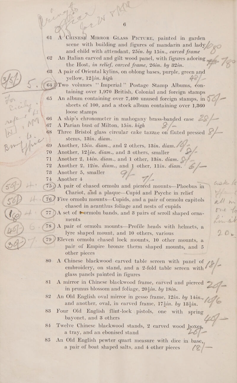 »=h fm, My wf A’ Citnes# Mirror Grass PicruRE, painted in garden F scene with building and figures of mandarin and lady / 61 62 An Italian carved and gilt wood panel, a figures adoring he the Host, in relief, carved frame, 26in. by 32in. t 4 63 <A pair of Oriental kylins, on oblong bases, purple, green and yellow, ak high 49/ _ “Imperial” Postage Stamp Albums, con- taining over 1,970 British, Colonial and foreign stamps _ and another, oval, in carved frame, 174 in. by 134in. lies 83 Four Old English flint-lock pistols, one with spring é 84 ‘Twelve Chinese blackwood stands, 2 carved wood ay | a tray, and an ebonised stand ed ee 85 An Old English pewter quart measure with dice in Hanae a pair of boat shaped salts, and 4 other pieces A / &amp; f ; i. 65 An album containing over 7,400 unused foreign stamps, in SséJ- sheets of 100, and a stock album containing over 1,860 , loose stamps 66 <A ship’s chronometer in mahogany brass- banded case = \67 A Parian bust of Milton, 15in. high , f om 68 Three Bristol glass circular cake tazzae on fluted reed gL stems, 13%n. diam. it 69 Another, 157n. diam., and 2 others, 13in. diam. £© my 70 Another, 1242. diam., and 3 others, smaller ae fo 71 Another 2, 147n. diam., and 1 other, 13in. diam. (/ 72 Another 2, 120. diam., and 1 other, lin. diam. bf 73 Another 5, smaller SF /.. r a 74 Another 4 i YF / : (TE) A pair of chased ormolu and pier¢ed mounts—Phoebus Taye Chariot, and a plaque—Cupid and Psyche in relief i 76) Five ormolu mounts—Cupids, and a pair of ormolu capitols ;. Zi chased in acanthus foliage and nests of cupids pre C v7 DA set of 4ormolu bands, and 3 pairs of scroll shaped orna- . = ments re fs) A pair of ormolu mounts—Profile heads with helmets, a , = : lyre shaped mount, and 10 others, various J. C79, )#Eleven ormolu chased lock mounts, 10 other mounts, a pair of Empire bronze therm shaped mounts, and 5 other pieces 80 A Chinese blackwood carved table screen with panel of a / embroidery, on stand, and a 2-fold table screen with f glass panels painted in figures ' 81 A mirror in Chinese blackwood frame, carved and pierced “> .# in prunus blossom and foliage, 204in. by 18in. ie ; 82 An Old English oval mirror in gesso frame, 12in. by 14in., 4. >