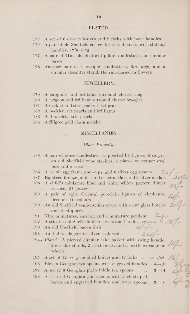 79 180 181 182 183 184 185 186 187 188 189 190 191 192 193 194 194A 195 196 197 198 10 PLATED. A set of 6 dessert knives and 9 forks with bone handles A pair of old Sheffield entree dishes and covers with shifting handles, 12in. long A pair of 1lin. old Sheffield pillar candlesticks, on circular bases Another pair of telescopic candlesticks, 6in. high, and a circular decanter stand, the rim chased in flowers JEWELLERY. A sapphire and brilliant surround cluster ring A jargoon and brilliant surround cluster bracelet A necklet and star pendant, set pearls A necklet, set pearls and brilliants A bracelet, set pearls A filigree gold chain necklet MISCELLANIES. Other Property. A pair of brass candlesticks, supported by figures of satyrs, an cld Sheffield wine strainer, a plated on copper oval box and a vase A 6-hole egg frame and cups, and 6 silver egg spoons hy ae Eighteen bronze jubilee and other medals and 8 silver medals ’ 2¢7/« A child’s miniature blue and white willow pattern dinner 35 YZ service, 34 pieces : A pair of 44in. Oriental porcelain figures of elephants, lef. decorated in colours { An old Sheffield semi-circular cruet with 4 cut glass bottles 2 /- and 3 stoppers = f Nine miniatures, various, and a miniature pendant o— 2 3 A set of 4 old Sheffield dish covers and handles, in sizes | fo) /- - An old Sheffield bacon dish Sé, ‘ An Indian dagger in silver scabbard L/h ffm Plated. <A pierced circular cake basket with swing handle, , 2 circular stands, 2 toast racks, and a bottle carriage on /“/ wheels A set of 12 ivory-handled knives and 12 forks .... oz. dwt. /Z Eleven Georgian tea spoons with engraved handles 4—18 2 ¢ zr A set of 6 Georgian plain fiddle tea spoons .. 8—14 L4/- 9 A set of 4 Georgian jam spoons with shell shaped