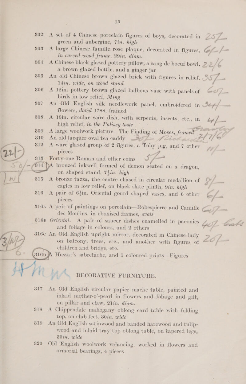 green and aubergine, Tin. high 303 A large Chinese famille rose plaque, decorated in figures, Ge an carved wood frame, 29in. diam. ae 304 A Chinese black glazed pottery pillow, a sang de boeuf bowl, 72/6 | a brown glazed bottle, and a ginger jar ( 305 An old Chinese brown glazed brick with figures in relief, 54 ra oa 147n. wide, on wood stand 4 306 A 12in. pottery brown glazed bulbous vase with panelsof Geat/ birds in low relief, Ming 307 An Old English silk needlework panel, embroidered in Aboefaff flowers, dated 1788, framed 308 A 138in. circular ware dish, with serpents, insects, ete., in Ly / sas high relief, in the Palissy taste ~ 309 <A large woolwork picture—The Finding of Moses, » frame ~ Jur th 310. An old lacquer oval tea caddy gatgi Z— J 2f © =e 312 <A ware glazed group of 2 figures, a Toby jug, mn 7 ane 4, | 22 ae pieces ff : < ’ a 313 Forty-one Roman and other coins Uf” bronzed inkwell formed of demon seated on a dragon, ; on shaped stand, 7din. high L Ww [ 315 <A bronze tazza, the centre chased in circular medallion of ea eagles in low relief, on black slate plinth, 9in. high 316 A pair of 63in. Oriental gourd shaped vases, and 6 other / pieces : ( 3164 A pair of paintings on porcelain—Robespierre and Camille wi -  , Qasr des Moulins, in ebonised frames, ovals 3168 Oriental. A pair of saucer dishes enamelled in paeconies A207 and foliage in colours, and 2 others PE x 316c An Old English upright mirror, decorated in Chinese lady +» LH j - on balcony, trees, ete., and another with figures of @© / children and bridge, ete. . Hussar’s sabretache, and 5 coloured prints—Figures  DECORATIVE FURNITURE. 317 An Old English circular papier mache table, painted and inlaid mother-o’-pearl in flowers and foliage and gilt, on pillar and claw, 2lin. diam. 318 A Chippendale mahogany oblong card table with folding top, on club feet, 80in. wide 319 An Old English satinwood and banded harewood and tulip- wood and inlaid tray top oblong table, on tapered legs, 30in. wide 320 Old English woolwork valancing, worked in flowers and armorial bearings, 4 pieces
