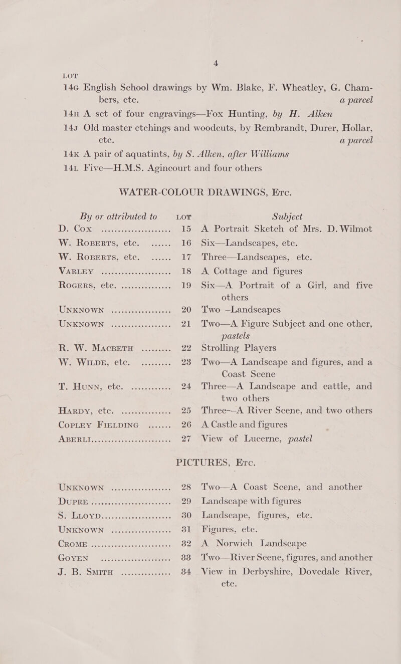 LOT bers, ete. a parcel etc. a parcel By or attributed to LOT DGG Kee eon ear a ee 15 W: Roperts, ete. ...... 16 W. Roperts, etc. ...... 17 Vier, Oo en a 18 ROGERS, ClC.. aula: ak 19 WIN KNO WNGM. Cue Ae tees 20 HIN KINO WNi ee ote ek cae ke ei Ry W. MAcCRETH ......... 22 WOVWVILDE, ClLCs 0 csc sk: 23 Te EIENN pr CUCs Stason oe 24. HARDY. aclC. cicaereee ies 25 CopLEY FIELDING ....... 26 ABER Ihrer 27, Subject A Portrait Sketch of Mrs. D. Wilmot Six—Landscapes, etc. Three—Landscapes, ete. A. Cottage and figures Six—A. Portrait of a Girl, and five others Two —Landscapes Two—A. Figure Subject and one other, pastels Strolling Players Two—A. Landscape and figures, and a Coast Scene Three—A Landscape and cattle, and two others Three-—A. River Scene, and two others A Castle and figures View of Lucerne, pastel WINN © WANs. ve ones ss caus ces 28 LISP Rites B, ooor eee meet to. es 29 SRO Y Detar. rere iecuss cee 30 WINK NOW N> Saeed tee fee 31 (ORO Mie ca. ae eee 32 GO VIEN | castes cies ee menor 33 hice eee as 34 Two—A Coast Scene, and another Landscape with figures Landscape, figures, etc. Figures, etc. A Norwich Landscape T'wo—River Scene, figures, and another View in Derbyshire, Dovedale River, Chic:
