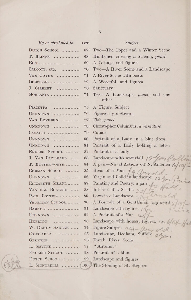 DUTCH SCHOOL se: eeeoeeeeeroeereresees CaLcoTt, ete. eoeoereree oven Van GOYEN eevee esreeseoeoeeos @eereeeeeeveeeroe PIAZETTA UWNKNOWNabeee, st sess etss cess eoerereesee eereoe T. BuTTeERWORTH ......... GERMAN SCHOOL eeeeereese eoeoeereeereoerereeeeeees HERRING Eecce sks cote W. Denpy SADLER ...... CONSTAE Lites haere nema, (GRU TE Rat te. tek at eters LP SMYTHE terres eee ENGLISH SCHOOL ......... Durch SCHOOL. ..%ivecdcrss eeereeeeeree 96 og 98 99 Two—The Toper and a Winter Scene Huntsmen crossing a Stream, panel A Cottage and figures Two—A River Scene and a Landscape A River Scene with boats A Waterfall and figures Sanctuary Two—A Landscape, panel, and one other A Figure Subject Figures by a Stream Fish, panel Christopher Columbus, a miniature Cupids Portrait of a Lady in a blue dress Portrait of a Lady holding a letter Portrait of a Lady Bend of a Man 19 oS Virgin and Child 4n hoes 19 Bn Painting and Poetry, a pair / - Interior of a Studio 9,5 / -~ Wf Cows in a Landscape A Portrait of a Saar unframed Landscape with figures - ye th A Portrait of a Man &amp; 2 7 Landscape with horsés, figures, ete. Figure Subject Ne) =. (Paints Landscape, Dedham, Suffotle: QZ pe Dutch River Scene ** Autumn ” Portrait of a Man _ Landscape and figures al