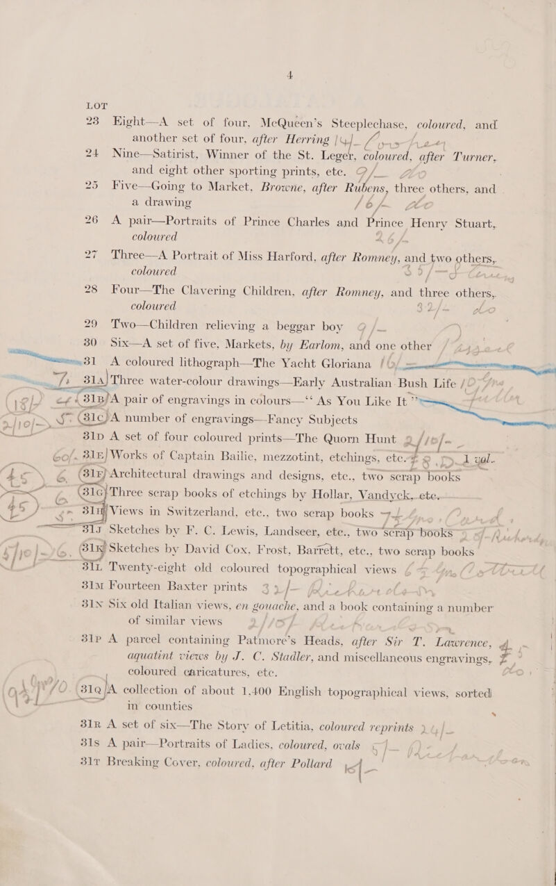  LOT another set of four, after Herring ak fo ee 24 Nine—Satirist, Winner of the St. Leger, peu, after Turner, and eight other sporting prints, etc. Ff /. / Z 4 25 Five—Going to Market, Browne, after Rubens, three others, and | / a drawing / 6 Zt 26 A pair—Portraits of Prince Charles nd Prince Henry&lt;stuact, coloured 27 Three—A Portrait of Miss Harford, after Romney Ys iy two peers. coloured og  28 Four—The Clavering Children, after Romney, and three others,. coloured ys il 29 Two—Children relieving a beggar boy 30 Six—aA set of five, Markets, by Earlom, and one other ~ “Steuer 31 A coloured lithograph—The Yacht Gloriana /(2/ = sO : wé 31a) Three water-colour drawings—Early Australian. Bush Life /@, 7 a elf fs 31B) ‘A pair of engravings in colours—‘‘ As You Like It i at 2 cer Gs ¢ B1cpA number of engravings—F ancy Subjects ire Peng om ; 31D A set of four coloured prints—The Quorn Hunt a f! /- : Go’. 31) Works of Captain Bailic, mezzotint, etchings, etc. 2 S&gt;.d_gel- ¢ &gt; 2 4 Bly) Architectural drawings and designs, ete., two scrap TS = pe &lt; 3 (lc ¥Three scrap books of etchings by Hollar, Vandyck, ete. 4 5) 2 311 |, Views in Switzerland, etc., two scrap books =r  “Bly Sketches by F. C. Lewis, Landseer, etc., two ‘scrap books Bl ‘Sketches by David Cox. Frost, Barrett, etc., two scrap books STL Twenty-eight old coloured topographical views } 31m Fourteen Baxter prints 3 »/ f 31N Six old Italian views, en gouache, and a bean containing a number of similar views sil 3ip A parcel containing Patmore’s Heads, after Sir T. Lawrence, dé. | aquatint views by J. C. Stadler, and miscellaneous engravings,. - &gt;. coloured caricatures, ete. ry &gt; i* 7. 31@/A collection of about 1,400 English topographical views, sorted i?) Seed A im counties : 31R A set of six—The Story of Letitia, coloured reprints  31s A pair—Portraits of Ladies, coloured, ovals ¢ | 317 Breaking Cover, coloured, after Pollard
