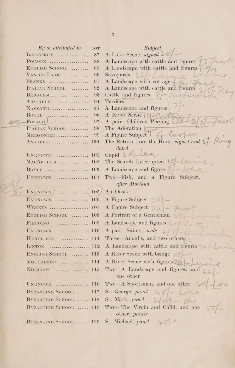 binpserTeoMn &lt;j. acicnws.. 87 P@WSSTigscrekishis. «h.. 88 ENGHISH SCHOOL ...0..47. 89 Le SS 9 ae er ee 90 ATG Facil Se heirs dautdobueeen’ 91 PY ARTAN-SCHOGE, &lt;.hedkles 92 POAT, iy sesics ack halle 93 PER MIE DL Ae .,, os Shp ame « 94, PROMS IRE cm acd «satis ie Seales 95 PO Be ee ihe ase 96 Pea h set a F&lt; 97 PEARIAN.OCHOOIA ¥..4.020% 98 NEB TSEON TER Wien cad. hla wes 99 PENSDIPLMA oa. wart i coe 100 TINIONOWN © lei edaees. rat a aot 101 WUNOAOTIUE: fipcety &lt;cvendens 102 CON ee a ne 103 INONOWIN Ld Poe Mees be ve 104. Vimeo fo. ec eececnns! 105, MeN OWNY 20405 oy cbs tuwdes 106 WV PERS Les. ce tesn tecctaeeoks 107 ENGLISH SCHOOL. .42.....: 108 eC TT: ee 109 LOE ONC 0 110 Were, 6tes” s. thiee.s..... kt WUEON. hvea covet caine esa des 1a? ENGLisit DCHOOL . susie 1138 M@RCHRRON 0 oth. 114 NEON oo AG. eee 115 Weis 3.8 scudeecte Mins de 16 BYZANTINE SCHOOL ...... 117 BYZANTINE SCHOOL ...... 118 BYZANTINE SCHOOL ...... 119 BYZANTINEVSCHOOL: ...... 120 A. Lake Scene, signed » ss] — f A. Landscape with cattle Lee figures 7 ' A Landscape with cattle and figures |, Savoyards A Landscape with cottage |&lt; . (&lt;7. A Landscape with cattle and figures Cattle and figures %&amp;/— ‘ inks on Terriers | ake A Landscape and figures / / A River Scene | ¢ 1=Ce ye 2 if BEA npthhygy 77 4 iY A. pair—Children Playing p Mol $S J 7 oe The Adoration | IG i=; a oe | all A. Figure Subject | 5L Cpe p-e ' The Return from the Hunt, Hie aad § ee, LL vy 7 dated . | f Cupid 2S bt Lt | The Search Interrupted lO / A Landscape and figure © Two Fish, and a Figure after Morland Subject, A Figure Subject A Figure Subject A Portrait of a Gentleman A. Landscape and figures Saints, ovals  A. pair Three—Amadis, and two others. ) A Landscape with cattle and figures A River Scene with bridge A. River Scene with figures 2)) GC by Pape : O Two—A Landscape and figures, and » 4 one other Two—A Sportsman, and one other (,' / e a &gt;) St. George, panel ph , | St. Mark, panel Lt ey] Two—The Virgin onee nila, avd one other, panels St. Michael, panel t,%
