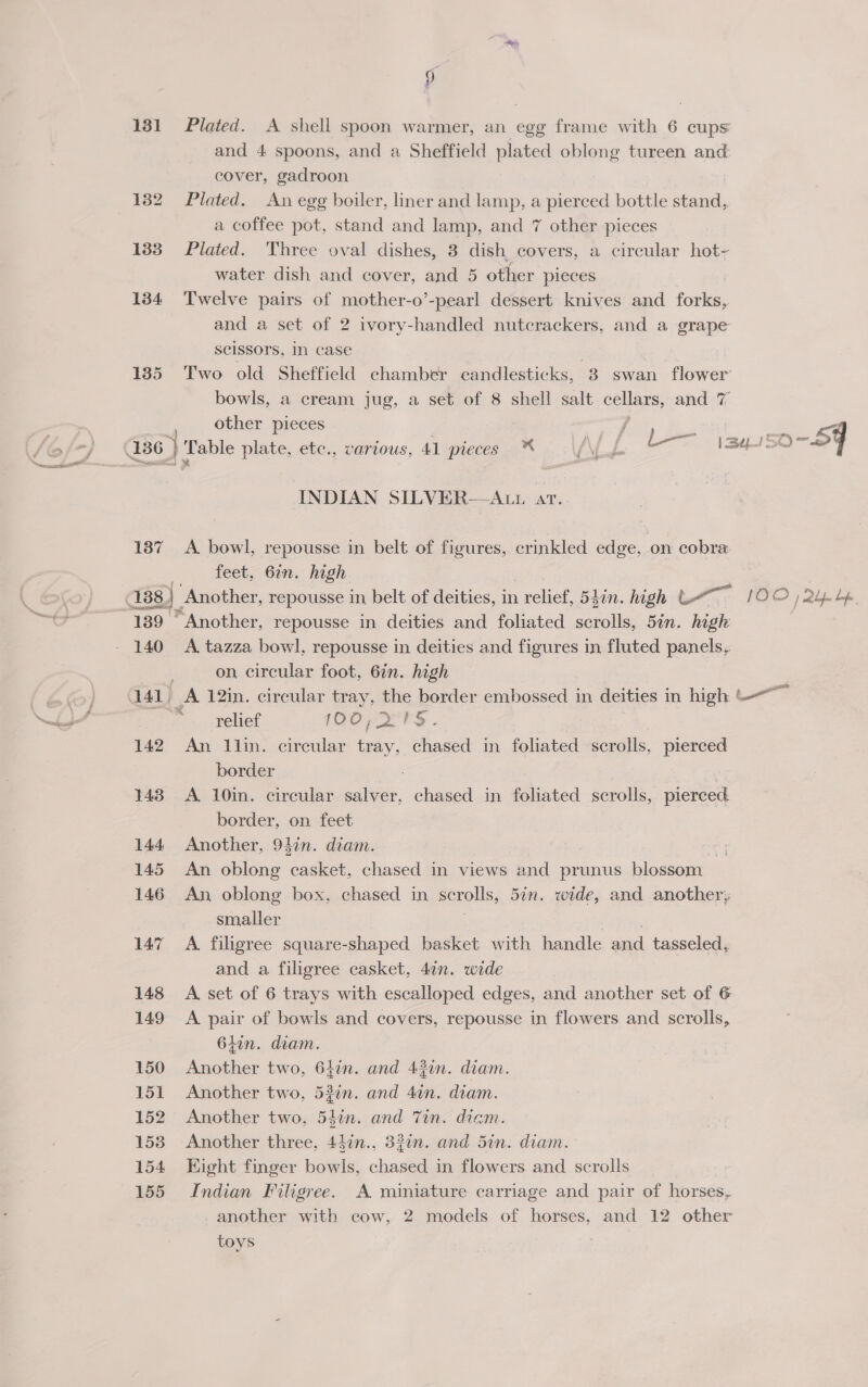 ” 131 Plated. A shell spoon warmer, an egg frame with 6 cups and 4 spoons, and a Sheffield plated oblong tureen and cover, gadroon 1382 Plated. An egg boiler, liner and lamp, a pierced bottle stand, a coffee pot, stand and lamp, and 7 other pieces 133 Plated. Three oval dishes, 3 dish covers, a circular hot- water dish and cover, and 5 other pieces 134 Twelve pairs of mother-o’-pearl dessert knives and forks, and a set of 2 ivory-handled nutcrackers, and a grape scissors, In case ! 135 Two old Sheffield chamber candlesticks, 3 swan flower bowls, a cream jug, a set of 8 shell salt cellars, and 7 other pieces ; | 41 pi x hae oe \syi50~59 136 } Table plate, etc., various, 41 pieces INDIAN SILVER—ALL ar.. 187 A. bowl, repousse in belt of figures, crinkled edge, on cobra: feet, 62n. high 138) Another, repousse in belt of deities, in 1 relief, 54 hin. high tb 10, 24-Lp. 139 “Another, repousse in deities and foliated scrolls, 5in. high 140 A tazza bowl, repousse in deities and figures in fluted panels, | on circular foot, 6in. high 41) A 12in. circular tray, the border embossed in deities in high — relief (OOP QEKS . 142 An llin. circular tray, reaee in foliated scrolls, pierced border 143 A 10in. circular salver, chased in foliated scrolls, pierced border, on feet 144 Another, 91in. diam. ns 145 &lt;An oblong casket, chased in views and prunus blossom 146 An oblong box, chased in scrolls, 5in. wide, and another; smaller 147 A filigree square-shaped basket with handle and tasseled, and a filigree casket, 4in. wide 148 A set of 6 trays with escalloped edges, and another set of 6 149 A pair of bowls and covers, repousse in flowers and scrolls, 64en. diam. 150 Another two, 64in. and 43on. diam. 151 Another two, 52in. and 4in. diam. 152 Another two, 54in. and Tin. diem. 153 Another three, 447n., 33in. and 5in. diam. 154 Eight finger bowls, chased in flowers and scrolls 155 Indian Filigree. A miniature carriage and pair of horses, another with cow, 2 models of horses, and 12 other toys