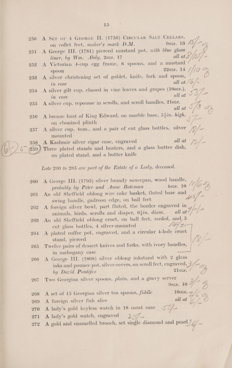 250 A Ser or 4 GrorcE II. (1756) CrrcuLarR SALT CELLARS, on collet feet, maker’s mark D.M. 9ozs. 18 V3 / es, 251 A George III. (1781) pierced mustard pot, with blue glass A é liner, by Wm. Abdy, 2028. 17 all at y 252 &lt;A Victorian 4-cup egg frame, 6 spoons, and a mustard Vi a4 spoon 220%8, dak fF to oy 253 &lt;A silver christening set of goblet, knife, fork and spoon, é £, in case all at /G/- 254 &lt;A silver gilt cup, chased in vine leaves and grapes (100z8.), #7 in case all at VY 255 A silver cup, repousse in scrolls, and scroll handles, 21ozs. Jf all at Y, 3 256 A bronze bust of King Edward, on marble base, 5}in. high, _ on ebonized plinth . 3 257 A silver cup, 4ozs., and a pair of cut glass bottles, silver /S/- ies mounted ‘aie 258 A Kashmir silver cigar case, engraved all at &gt; ae (0 4 af o 259) Three plated stands and heaters, and a glass butter dish, on plated stand, and a butter knife Lots 260 to 285 are part of the Estate of a Lady, deceased. 260 &lt;A George III. (1795) silver brandy saucepan, wood handle, , /.- probably by Peter and Anne Bateman 4ozs. 10 44/7 7s 261 An old Sheffield oblong wire cake basket, fluted base and nes swing handle, gadroon edge, on ball feet “4 7 zi 262 A foreign silver bowl, part fluted, the border engraved in + animals, birds, scrolls and diaper, 6}in. diam. all a7! 4 [- 263 An old Sheffield oblong cruet, on ball feet, reeded, and, 5 cut glass bottles, 4 silver- mounted AG 2 — 264 A plated coffee pot, engraved, and a circular 4-hole cruet aan stand, pierced | /O 265 ‘Twelve pairs of dessert knives and forks, with ivory handles, ‘ee in mahogany case ae 266 A George II. (1808) silver oblong inkstand with 2 pee inks and pounce pot, silver covers, on scroll feet, engraved, 4 SOEs by David Pontifex 21ozs. é 5 267 Two Georgian silver spoons, plain, and a gravy server sf 9ozs. 10 7 268 &lt;A set of 15 Georgian silver tea spoons, fiddle 100zs. = , é/- 2 269 &lt;A foreign silver fish slice all at 4 / O 270 &lt;A lady’s gold keyless watch in 18 carat case. Sa 271 A lady’s gold watch, engraved 2 /¢/_. 272 A gold and enamelled brooch, set single diamond and pearl y 6 a