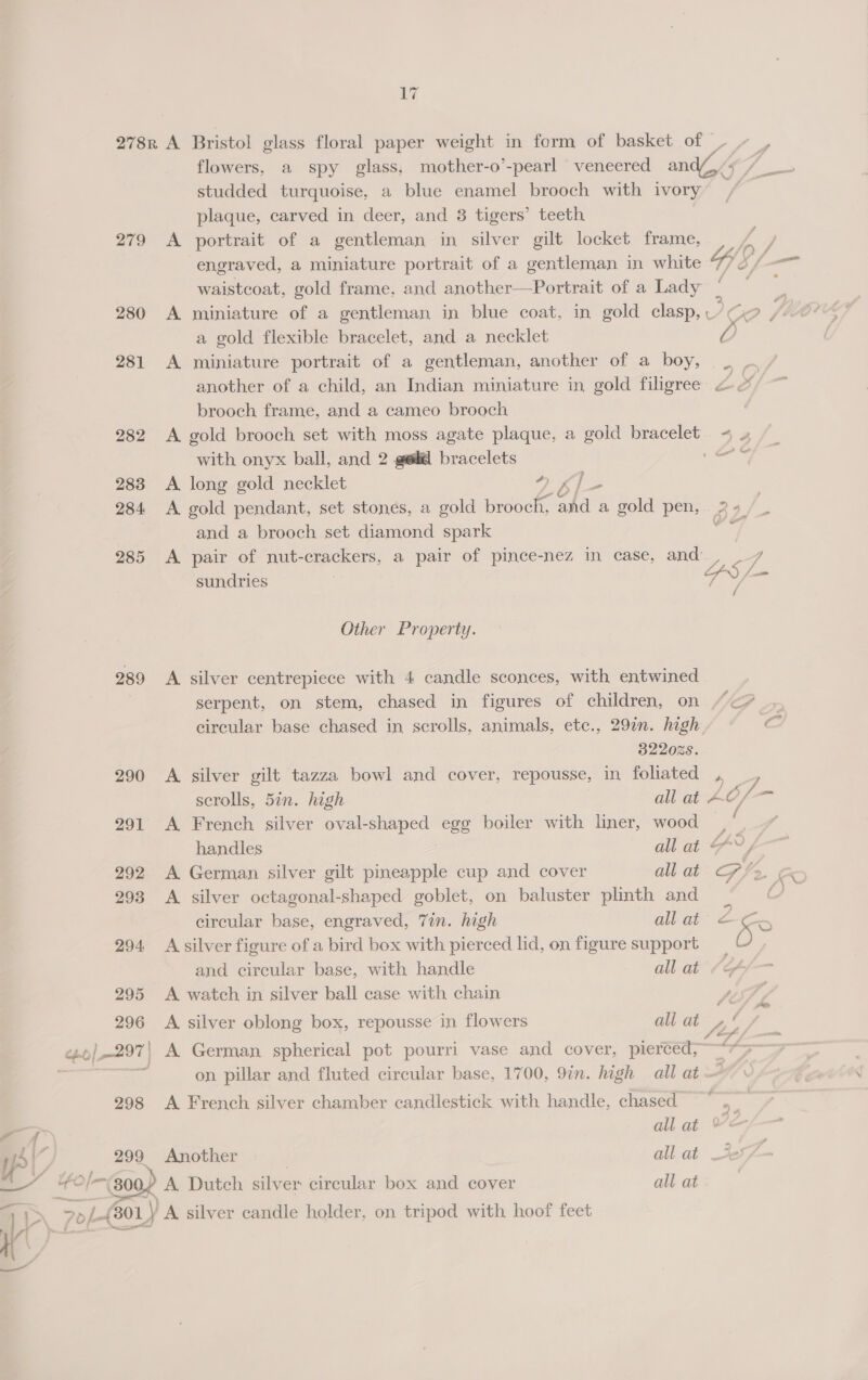 278r A Bristol glass floral paper weight in form of basket of - » | flowers, a spy glass, mother-o’-pearl veneered and/,/5 Foes studded turquoise, a blue enamel brooch with ivory plaque, carved in deer, and 8 tigers’ teeth 279 A portrait of a gentleman in silver gilt locket frame, ‘A engraved, a miniature portrait of a gentleman in white GS / — waistcoat, gold frame, and another—Portrait of a Lady i  280 A miniature of a gentleman in blue coat, in gold clasp, MO / a gold flexible bracelet, and a necklet O 281 A miniature portrait of a gentleman, another of a boy, _. another of a child, an Indian miniature in gold filigree 2 2 brooch frame, and a cameo brooch gold brooch set with moss agate plaque, a gold bracelet < 4 with onyx ball, and 2 gedé bracelets crear 282 A 283 A long gold necklet 2 bl- A A. 284. gold pendant, set stones, a gold brooch, and a gold pen, 2 ae and a brooch set diamond spark O 285 pair of nut-crackers, a pair of pince-nez in case, and 4 sundries GAS pa Other Property. 289 A silver centrepiece with 4 candle sconces, with entwined serpent, on stem, chased in figures of children, on “<? Paha circular base chased in scrolls, animals, etc., 29%n. high ¢ 322028. 290 A silver gilt tazza bowl and cover, repousse, in foliated » scrolls, 5in. high all at AOS 291 A French silver oval-shaped egg boiler with liner, wood ) ‘ handles all at HY 292 A German silver gilt pineapple cup and cover all at PV, 293 A silver octagonal-shaped goblet, on baluster plinth and ‘ circular base, engraved, 7in. high all at < re S 294 A silver figure of a bird box with pierced lid, on figure support —¢ and circular base, with handle all at “of 295 <A watch in silver ball case with chain : f 296 A silver oblong box, repousse in flowers all at 4 4 Mo | 297) | A German spherical pot pourri vase and cover, pierced; ~ on pillar and fluted circular base, 1700, 9in. high all at SV, 298 A French silver chamber candlestick with handle, chased” 5 ra all at ' v 299 Another | all at Je! a fo ‘(300 A Dutch silver circular box and cover all at -« si B01 A silver candle holder, on tripod with hoof feet L-\