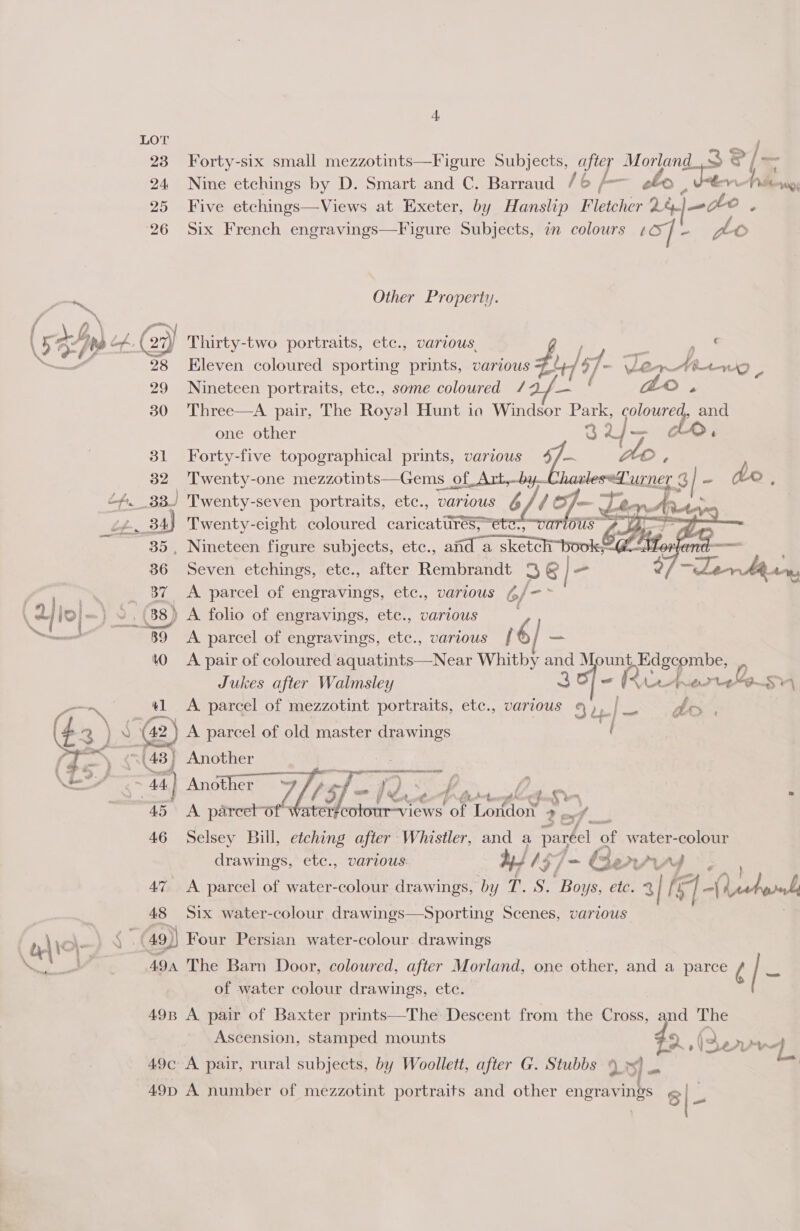 LOT 23 24 25 ‘26 eR a 29 (¢ 3) 0 4: 15 46 AT 48 49B  4 Forty-six small mezzotints—Figure Subjects, after Morland 32, Le: Nine etchings by D. Smart and C. Barraud /6 fo 080 ven hi Wye, Five etchings—Views at Exeter, by Hanslip Fletcher 2% jlo. Six French engravings—Figure Subjects, 7n colours to] A oO Other Property. VS TbERanee portraits, etc., various. Eleven coloured sporting prints, various duff v) Vf v= Ag Bt Nineteen portraits, etc., some coloured / Three—A. pair, The Royal Hunt io Windior J Park, rate ; Ey one other S2/— AO, Forty-five topographical prints, various 4/— _ Twenty- one mezzotints—Gems ae J Twenty-seven. portraits, etc., various oat Twenty-eight coloured caricatures, Betts, -CUrtU . Nineteen figure subjects, etc., and a sketc Seven etchings, etc., after Rembrandt 3 &amp; - A parcel of engravings, etc., various 4/-°  A parcel of engravings, etc., various f A pair of coloured aquatints—Near Whitby and Mount. Edgcombe, Jukes after Walmsley of MAA 4S) A parcel of mezzotint portraits, etc., various 4 L| oS 3     ALD EMER TL ne NO Another “™ cad yf). f yo ee ‘5, ; om f Ct ut 4 \ che va cf wy 1 = erécotour-views of onder 2 Selsey Bull, etching after Whistler, and a paréel of water-colour drawings, ete., various. Hf 44 I / Sm be ata Ad A parcel of water-colour drawings, by T. S. Boys, ete. 3| f al -| Leshornl Six water-colour drawings—Sporting Scenes, various of water colour drawings, etc. |- A pair of Baxter prints—The Descent from the Cross, and The Ascension, stamped mounts 2 ,( Y are i]