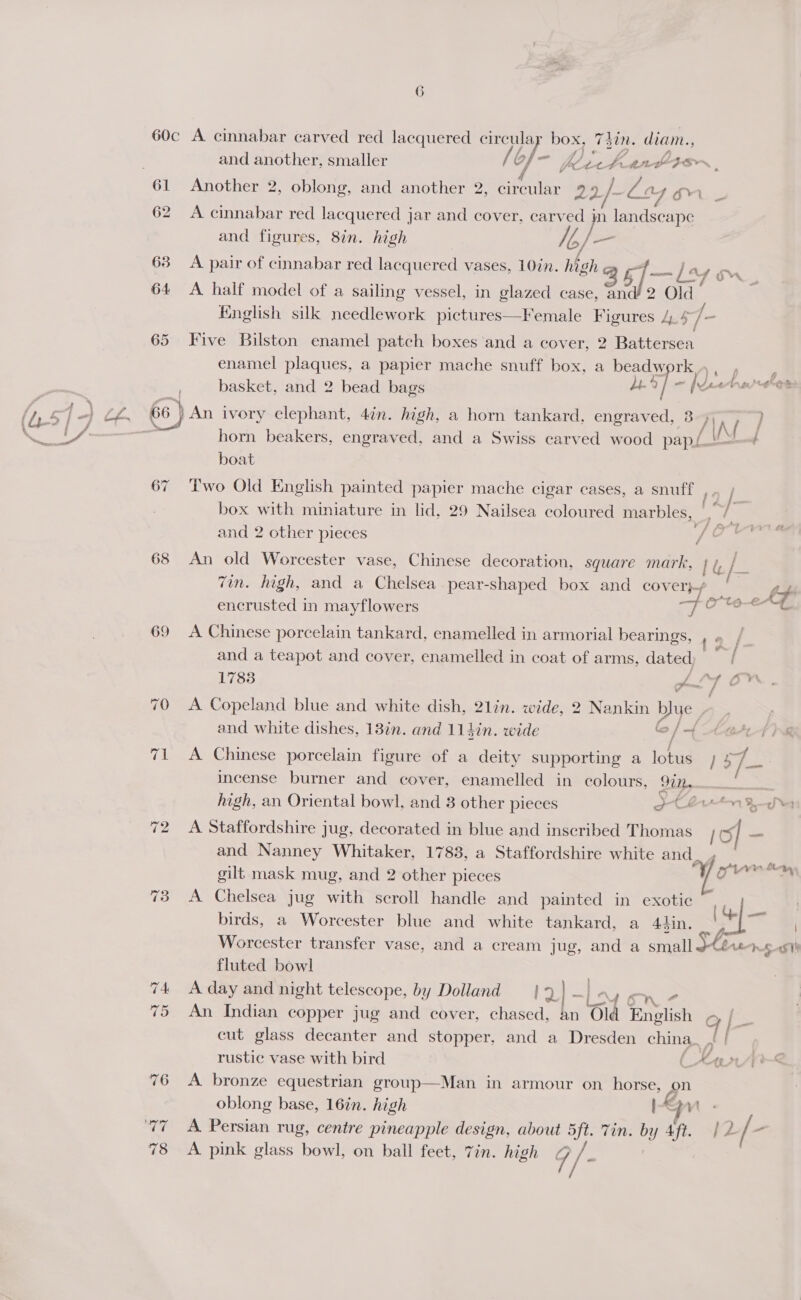 J diam. cy 60c A cinnabar carved red lacquered ay. box, 744 and another, smaller Of ete ly; 2 yA ae the Br t 61 Another 2, oblong, and another 2, circular a) IF 7 1, 62 A cinnabar red lacquered jar and cover, carved in iandieape and figures, 8in. high Hijo 63 A pair of cinnabar red lacquered vases, 10in. high @ 3 5]— ~/4 4S 64 &lt;A half model of a sailing vessel, in glazed case, and! 2 OH: Kinglish silk needlework pictures—Female Figures /,. 4 /- 65 Five Bilston enamel patch boxes and a cover, 2 Battersea enamel plaques, a papier mache snuff box, a etic sem? - Leet basket, and 2 bead bags H-9 66 ) An ivory elephant, 4in. high, a horn tankard, engraved, 3.) ) oe f WAIN f horn beakers, engraved, and a Swiss carved wood papl. memo boat 67 Two Old English painted papier mache cigar cases, a snuff box with miniature in lid, 29 Nailsea coloured marbles, ae Ys &amp; and 2 other pieces /¢ 68 An old Worcester vase, Chinese decoration, square mark, Lu} 7in. high, and a Chelsea pear-shaped box and cover}-/ 4 F: ee 2 Le encrusted in mayflowers Te + 69 A Chinese porcelain tankard, enamelled in armorial bearings, , « , w~ |} and a teapot and cover, enamelled in coat of arms, dated. i 1783 ay 70 A Copeland blue and white dish, 21in. wide, 2 Nankin blye | ; and white dishes, 13in. and 114in. wide to / = 71 A Chinese porcelain figure of a deity supporting a lotus } y incense burner and cover, enamelled in colours, 90n, high, an Oriental bowl, and 3 other pieces gern 8, 72 A Staffordshire jug, decorated in blue and inscribed Thomas | and Nanney Whitaker, 1783, a Staffordshire white and. gilt mask mug, and 2 other pieces pou 73° A Chelsea jug with scroll handle and painted in exotic birds, a Worcester blue and white tankard, a 44in. us —_ fluted bowl . 74 A day and night telescope, by Dolland —} 9 | —_ \4 | &lt; aN ae 75 An Indian copper jug and cover, chased, An Old English Or | cut glass decanter and stopper, and a Dresden china. tf &gt; rustic vase with bird (Aw      oblong base, 16in. high i A i &lt;A Persian rug, centre pineapple design, about oh Tin. by Aft. [2 / a + ft &gt; u — a ét. hm |