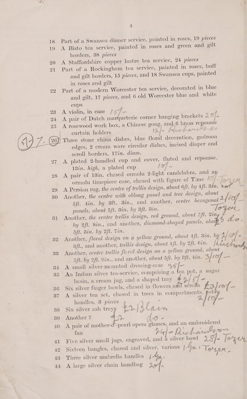 22  31 4. Part of a Swansea dinner service, painted in roses, 19 pieces A Bisto tea service, painted in roses and green and gilt borders, 38 pieces A Staffordshire copper lustre tea service, 24 preces Part of a Rockingham tea service, painted in roses, buff and gilt borders, 15 pieces, and 18 Swansea cups, painted in roses and gilt | Part of a modern Worcester tea service, decorated in blue and gilt, 17 pieces, and 6 old Worcester blue and white cups | A violin, in case /47— A pair of Dutch marqueterie corner hanging brackets 2 ©/. A rosewood work box, a Chinese gong, and.6 brass repousse curtain holders Ie. /- Et anne Three stone china dishes, blue floral decoration, gadroon edges, 2 cream ware circular dishes, incised diaper and seroll borders, 17in. diam. A plated 2-handled cup and cover, fluted and repousse, 13in. high, a plated cup fo7 A pair of 13in. chased ormolu 2-light candelabra, and an ormolu timepiece case, chased with figure of Time /©/~ / 4 A Persian rug, the centre of trellis design, about 6ft. by 4ft. 3in. tet Another, the centre with oblong panel and tree design, about . 5ft. din. by aft. 30m., and another, cenire ire L of. = panels, about 5ft. 3in. by 3ft. 3in. loGcrx Another, the centre trellis design, red ground, about 5ft. 21 / ‘ by 2ft. 8in., and another, diamond-shaped panels, abo - Le e 5ft. Bin. by 2ft. Tin. . Another, floral design on a yellow ground, about 4ft. 3in. by 4/ of ™ 3ft., and another, trellis design, about 4ft. by 2ft. 6in. hie enh, Another, centre trellis floral design on a yellow ground, about - _ Bft. by 2ft. 9in., and another, about 5ft. by 3ft. 40n. > (of — A small silver-mounted dressing-cese %4 /— An Indian silver tea-service, comprising a tea pot, a sugar basin, a cream jug, and a shaped tray to / if - Six silver finger bowls, chased in flowers am scrolis f2 / cof. is £2   A silver tea set, chased in trees in compartments, fobrg handles, 3 pieces ¢ ee. Alf f- ; Six silver ash trays )- | AtW1% ry wr f Another 7 ). Ao - A pair of mother-o -pearl opera glasses, and an embroidered pee ps ne } fan Vell ict Ft Fr Five silver small jugs, engraved, and a silver bowl ? I as Ay, jugs, eng : F/- Je jer Three silver umbrella handles Ap A large silver chain handbag def.