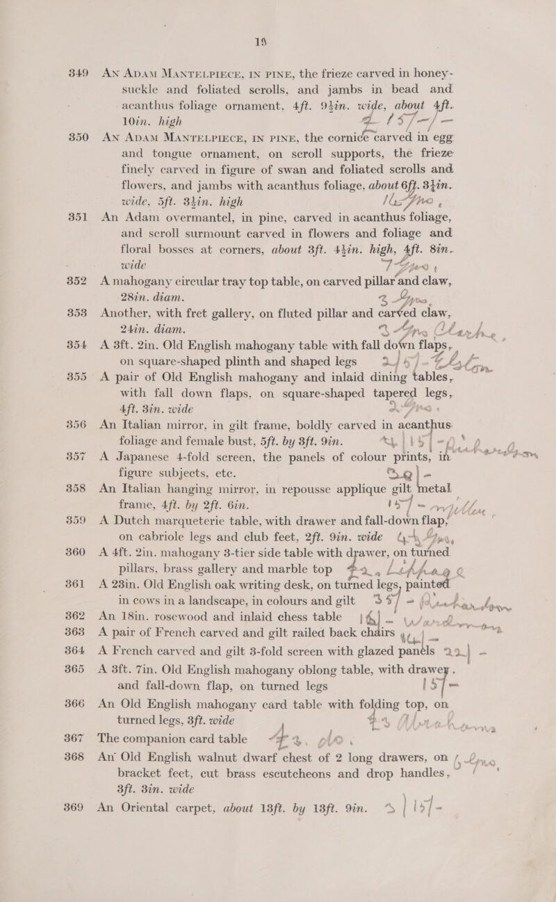 349 351 369 at AN ADAM MANTELPIECE, IN PINE, the frieze carved in honey- suckle and foliated scrolls, and jambs in bead and. acanthus foliage ornament, 4ft. 947m. wide, about Aft. 10in. high d's | eae | —_ AN AbdAM MANTELPIECE, IN PINE, the cornice carved i in egy and tongue ornament, on scroll supports, the frieze finely carved in figure of swan and foliated scrolls and flowers, and jambs with acanthus foliage, about 6fi . 3hin. wide, 5ft. Blin. high / axfno ‘ An Adam ov ermantel, in pine, carved in acanthus foliage, and scroll surmount carved in flowers and foliage and floral bosses at corners, about 3ft. 44in. high, Aft. 8in.. wide 7% “we | A mahogany circular tray top table, on carved pillar and claw, 28in. diam. % “Pro, Another, with fret gallery, on fluted pillar and carved claw, 24in. diam. ae Ap Usrtre A 3ft. 2in. Old English mahogany table with fall don flaps, ‘ on square-shaped plinth and shaped legs a ] bj = Gh £ A ne gale A pair of Old English mahogany and inlaid dining tables, sie with fall down flaps, on square-shaped peed legs. Aft. 3in. wide An Italian mirror, in gilt frame, boldly carved in acanthus foliage and female bust, 5ft. by 3ft. 9in. Iilst-0*\p 7 A Japanese 4-fold sereen, the panels of colour prints, in | *** figure subjects, ete. 2@ | - An Italian hanging mirror, in repousse applique gilt eat frame, 4ft. by 2ft. Gin. Se 1 Fis A Dutch marqueterie table, with drawer and fall- down flap/ ae on cabriole legs and club feet, 2ft. 9in. wide G- Cys, A 4ft. 2in. mahogany 3-tier side table with drawer, on vushed pillars, brass gallery and marble top Pan Le A 23in. Old English oak writing desk, on turned fos 5 ntl in cows in a landscape, in colours and gilt ‘4 i An 18in. rosewood and inlaid chess table ag) - 4 A pair of French carved and gilt railed back chairs A French carved and gilt 3-fold screen with glazed ie » a4 a A 3ft. 7in. Old English mahogany oblong table, with drawey and fall-down flap, on turned legs iy i An Old English mahogany card table with pepe * a on turned legs, 3ft. wide $4 PLAN prin The companion card table 4 <a: pf > | An Old English walnut dwarf chest of 2 oe drawers, on / _(,., . bracket feet, cut brass escutcheons and drop tdi aa eo 3ft. 31n. wide ae An Oriental carpet, about 18ft. by 18ft. 9in. %S | 1% | -