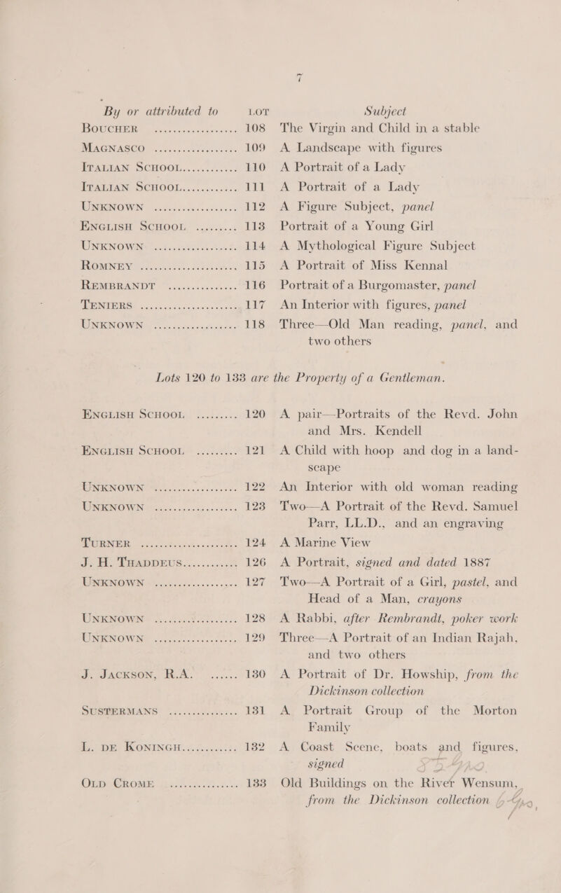 TE QUCTISNG atone ses cadec ves 108 AGN AEOCO icy us ita bel aoe 109 IPADIAN SCHOOL......&lt;..... 110 TPAGEAN SCHOOL: .o.00 00664 111 RUMEN O WIN ccckeccsesacdaciss Bey PNGHISH SCHOOL, «....4..: 113 RONEN OWING | cto incense hated. 114 TORENT SS tue: Rea 115 PPRERAND YT CO isecc.tdceehdes 116 PRG! is ccciarsica canes bo on 117 BSIKC SICA 6 Sr ee 118 4 The Virgin and Child in a stable A. Landseape with figures A Portrait of a Lady A Portrait of a Lady A Figure Subject, panel Portrait of a Young Girl A Mythological Figure Subject A Portrait of Miss Kennal Portrait of a Burgomaster, panel An Interior with figures, panel Three—Old Man reading, panel, and two others MNGChISH SCHOOL 4..62.;. 120 MINGLIGH SCHOOL. .c2iix5c. 121 PNAC OWING icc kee oea eee 122 NOINGON © WIN orth nine chicos Socs 122 MURNER. 6250s cco 124 J Wears... ... ccc 126 TRG OWVI Sirc cw ee ce uw 127 Vinca cs. ose eos 128 ACEO WINS weet Teco 129 Ty, SACKSON, BAS... 130 SUGBERMANS .....0.8/.e0s.. 131 et hs 1 ONGNGH. Sececk alt: 1382 A es ee 133 OLD CROME A pair—Portraits of the Revd. John and Mrs. Kendell A Child with hoop and dog in a land- scape An Interior with old woman reading Two—A Portrait of the Revd. Samuel Parr, LL.D., and an engraving A Marine View A Portrait, signed and dated 1887 Two—A. Portrait of a Girl, pastel, and Head of a Man, crayons A Rabbi, after Rembrandt, poker work Three—A Portrait of an Indian Rajah, and two others A. Portrait of Dr. Howship, from the Dickinson collection A Portrait Group of the Morton Family  Ay @oast Scene, boats. gnd fieures, signed Sh Old Buildings on the River Wensum, | from the Dickinson collection (5. /